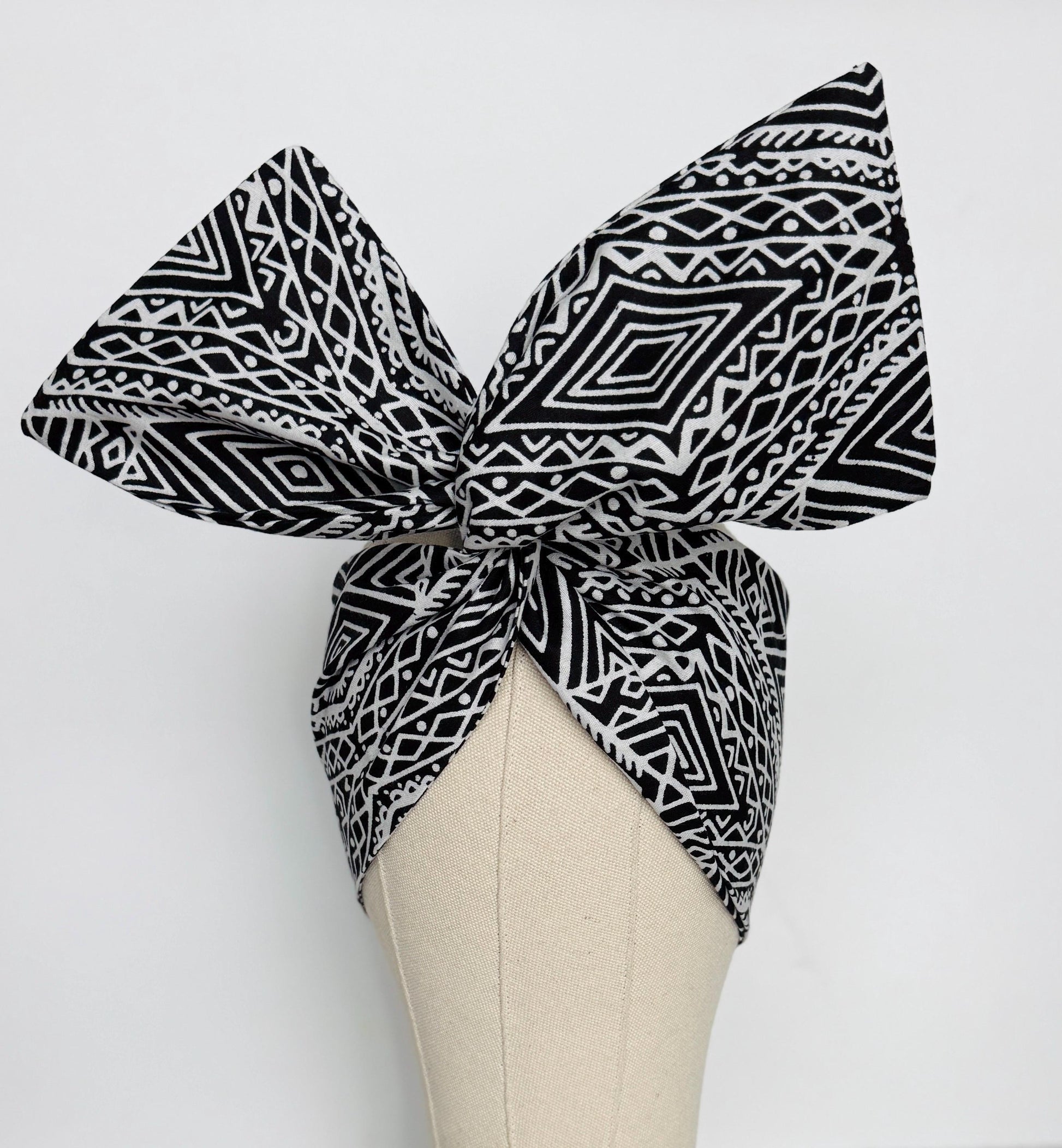 Extra Wide Adjustable Wire Headband, Batik Black & White Tribal Print Wired Headband and Turban, Fabric Head Wrap, Hair Scarf