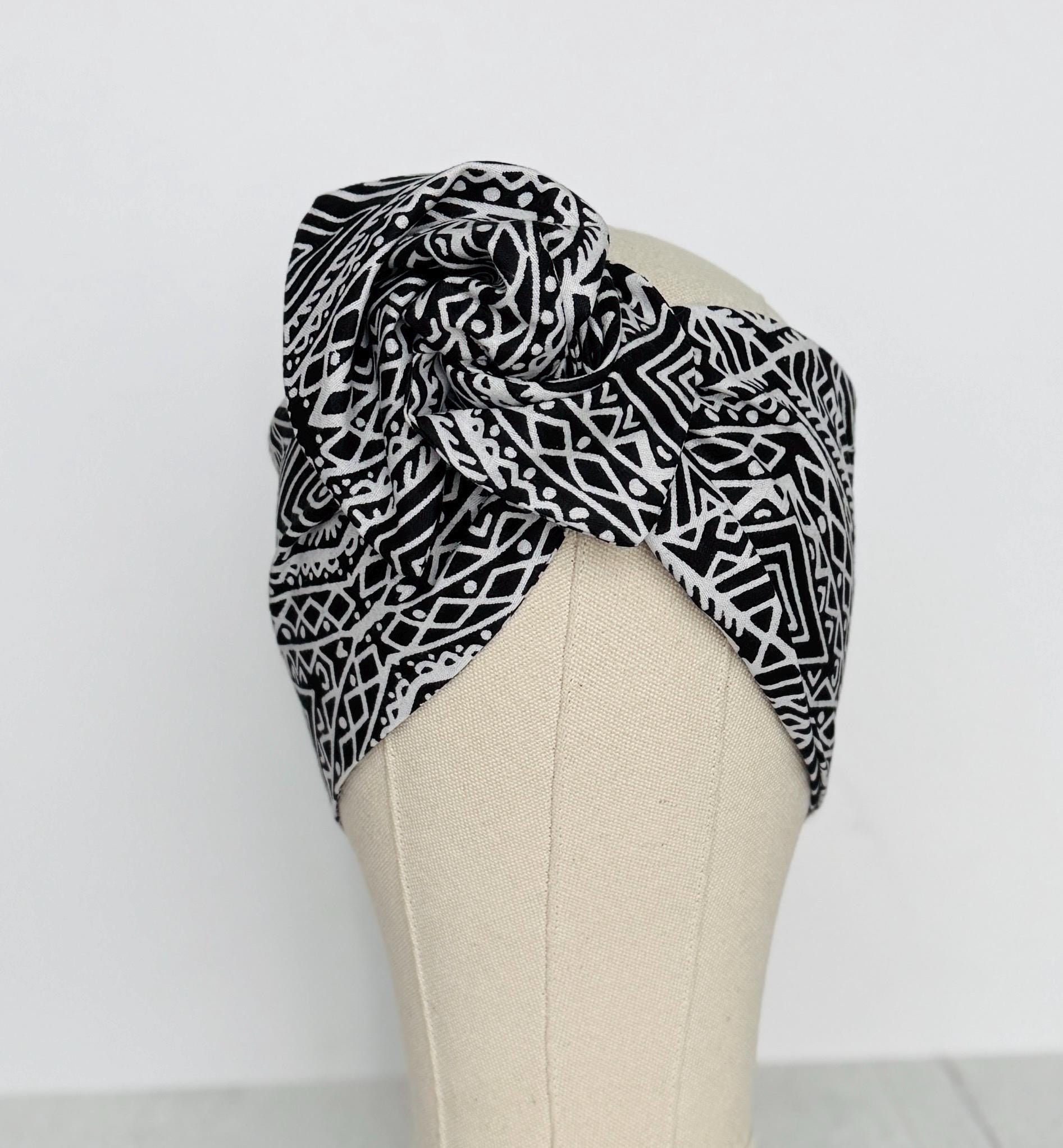 Extra Wide Adjustable Wire Headband, Batik Black & White Tribal Print Wired Headband and Turban, Fabric Head Wrap, Hair Scarf