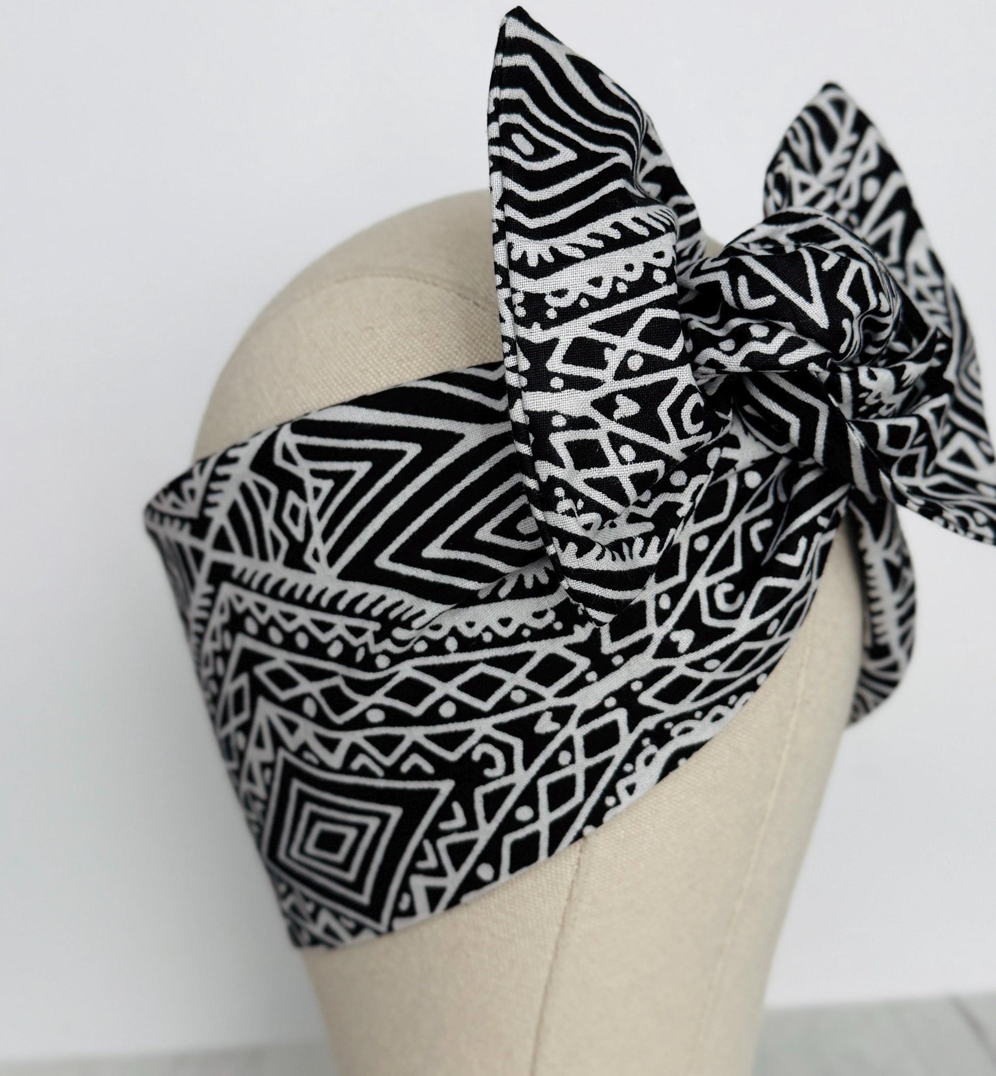 Extra Wide Adjustable Wire Headband, Batik Black & White Tribal Print Wired Headband and Turban, Fabric Head Wrap, Hair Scarf