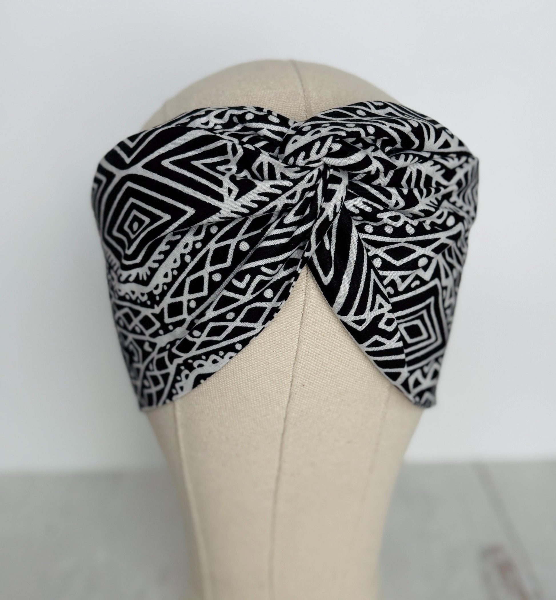 Extra Wide Adjustable Wire Headband, Batik Black & White Tribal Print Wired Headband and Turban, Fabric Head Wrap, Hair Scarf