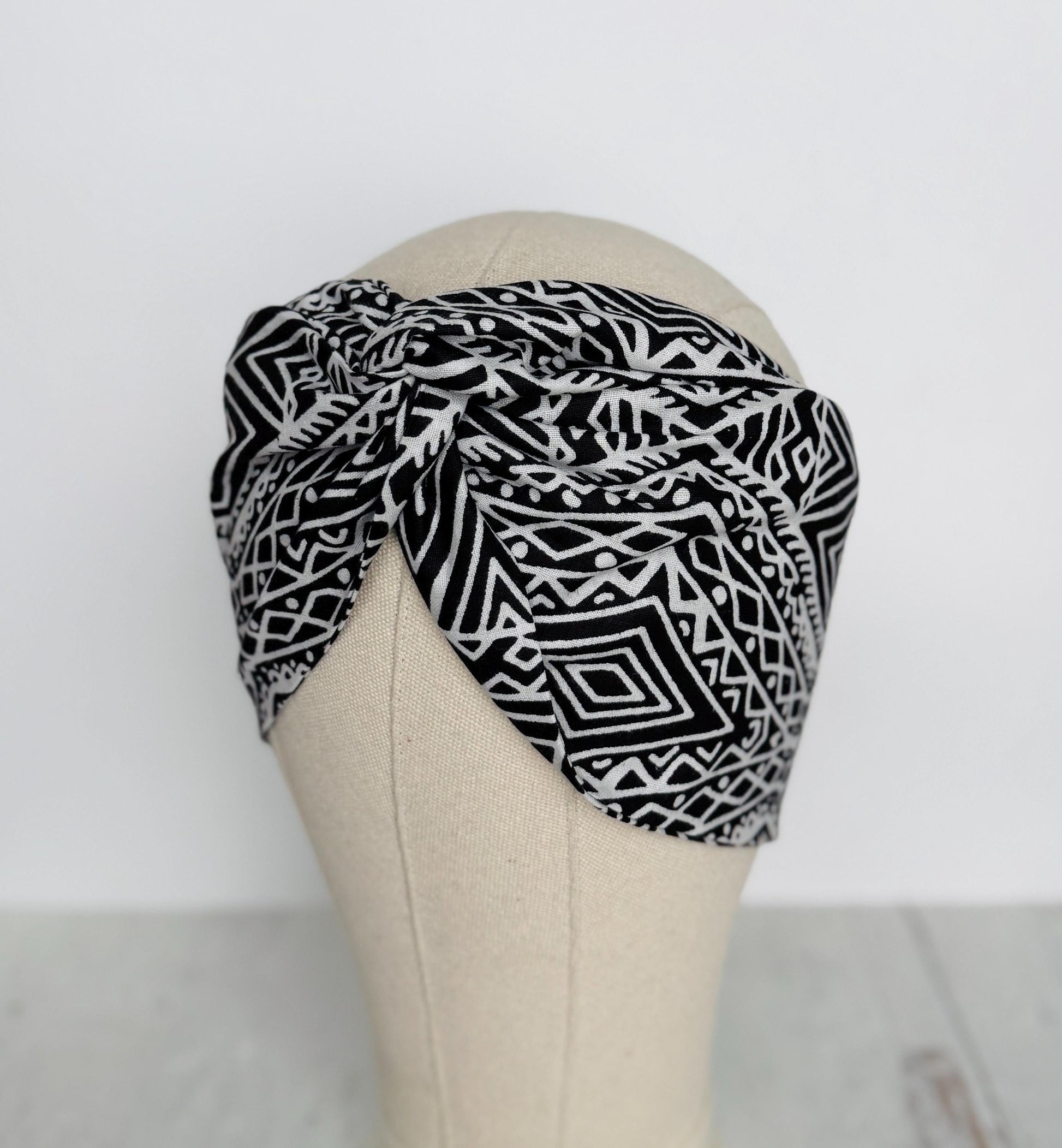 Extra Wide Adjustable Wire Headband, Batik Black & White Tribal Print Wired Headband and Turban, Fabric Head Wrap, Hair Scarf