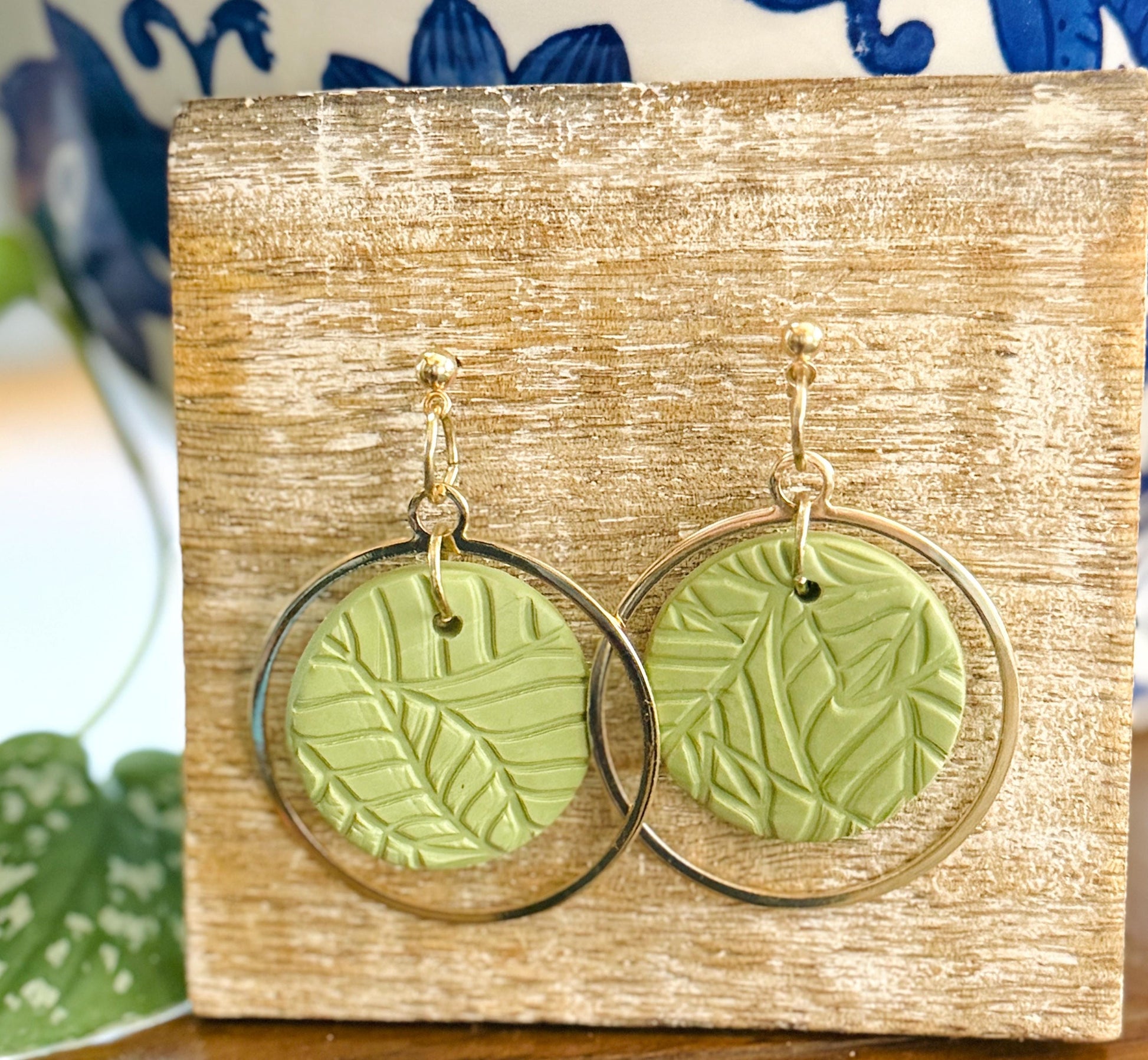 Lightweight Hypoallergenic Boho Gold & Mint Green Polymer Clay Dangle Earrings, Handmade Statement Earrings, Gift for Her