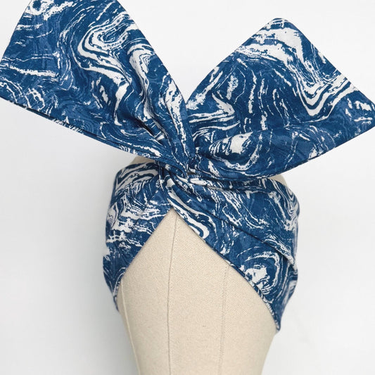 Extra Wide Adjustable Wire Headband, Blue & White Marble Print Wired Headband For Women, Bendable Head Wrap, Turban Accessories, Head Scarf