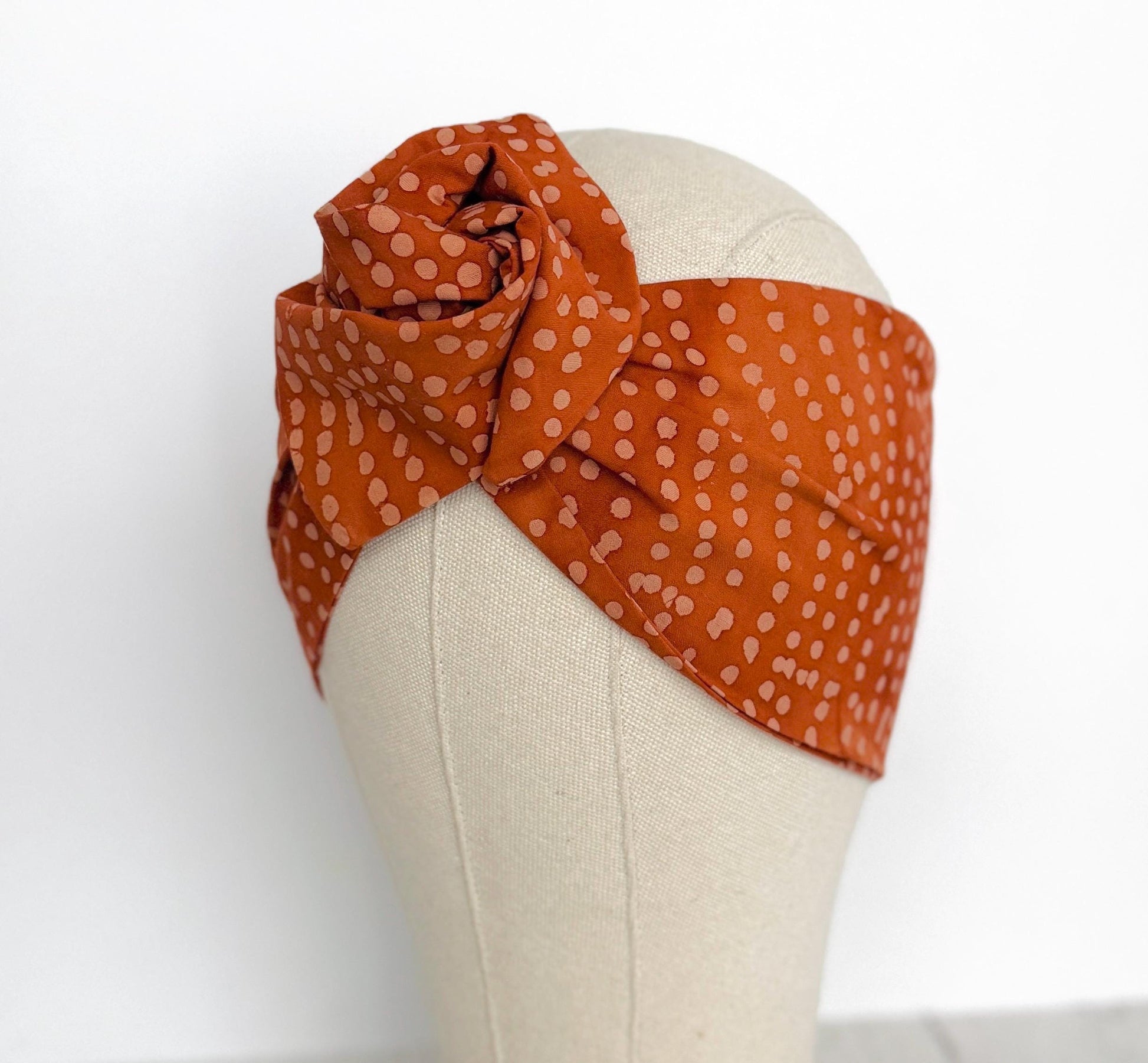 Extra Wide Adjustable Wire Headband, Batik Burnt Orange & Beige Polka Dot Print Wired Headband and Turban, Fabric Head Wrap, Hair Scarf