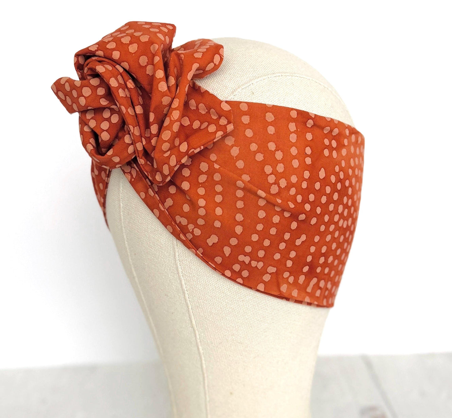 Extra Wide Adjustable Wire Headband, Batik Burnt Orange & Beige Polka Dot Print Wired Headband and Turban, Fabric Head Wrap, Hair Scarf