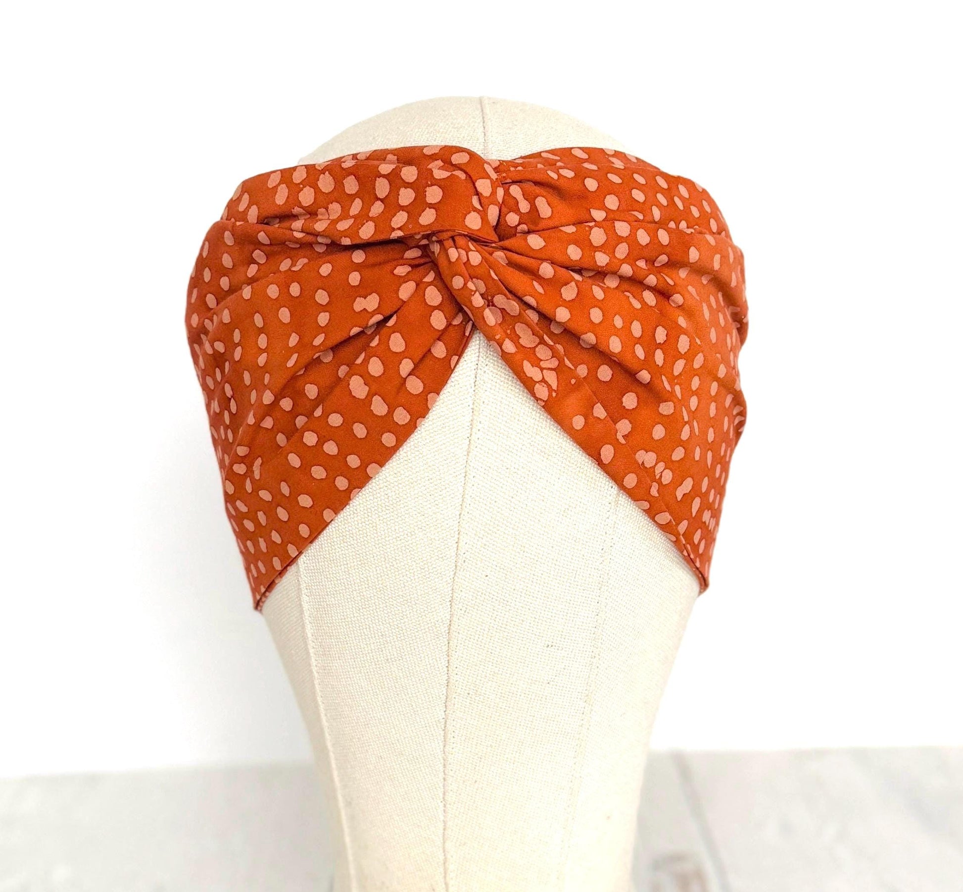 Extra Wide Adjustable Wire Headband, Batik Burnt Orange & Beige Polka Dot Print Wired Headband and Turban, Fabric Head Wrap, Hair Scarf