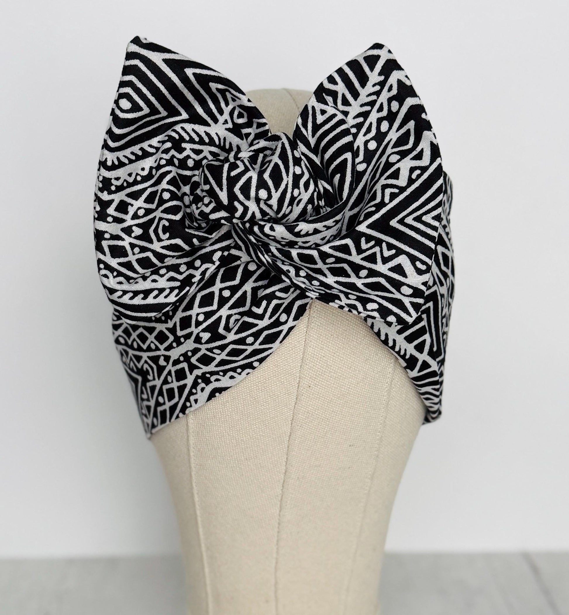 Extra Wide Adjustable Wire Headband, Batik Black & White Tribal Print Wired Headband and Turban, Fabric Head Wrap, Hair Scarf