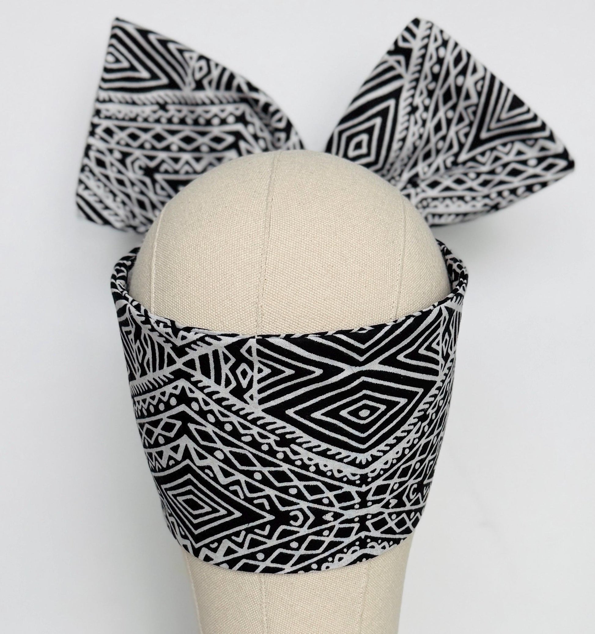 Extra Wide Adjustable Wire Headband, Batik Black & White Tribal Print Wired Headband and Turban, Fabric Head Wrap, Hair Scarf