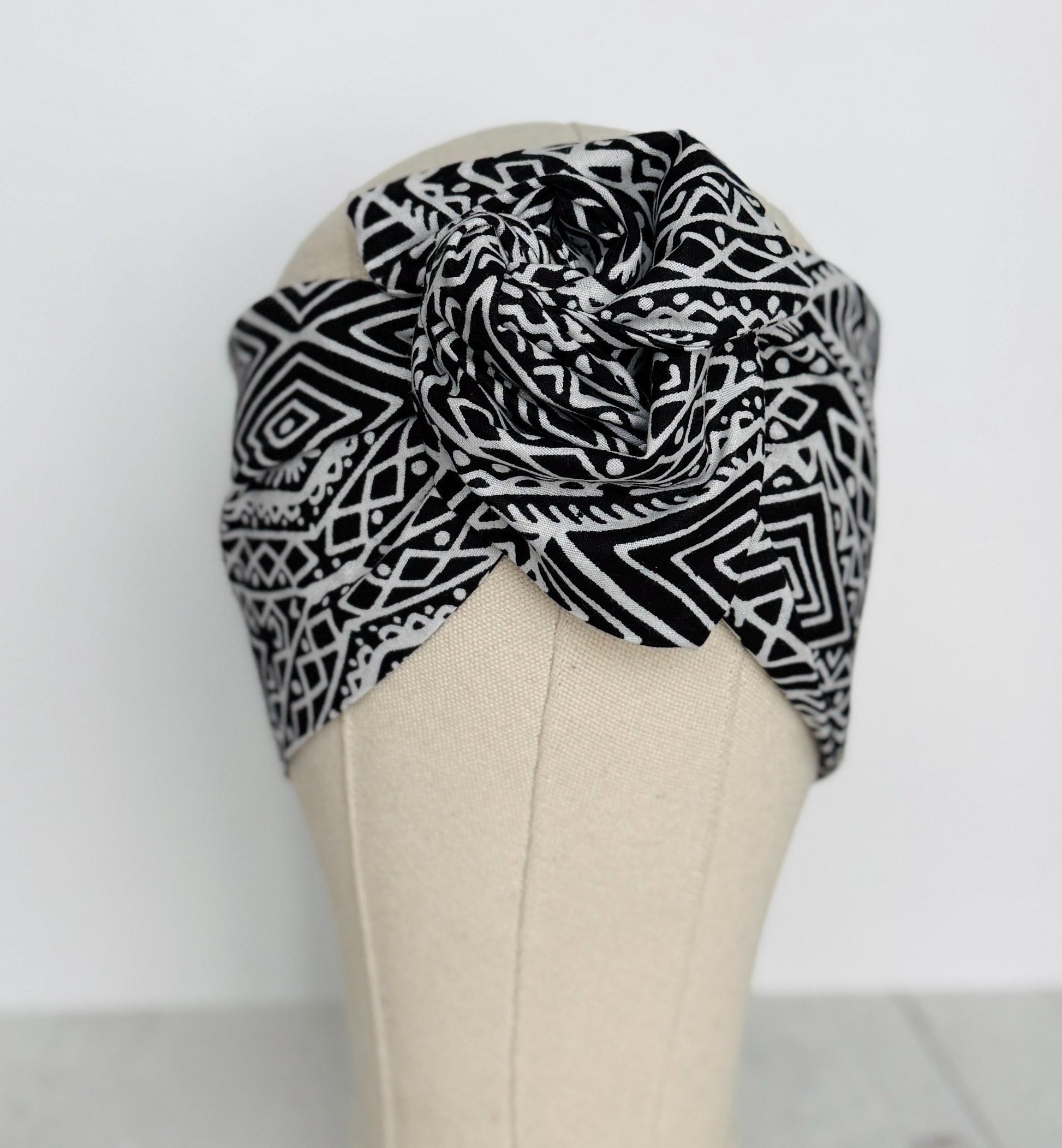Extra Wide Adjustable Wire Headband, Batik Black & White Tribal Print Wired Headband and Turban, Fabric Head Wrap, Hair Scarf