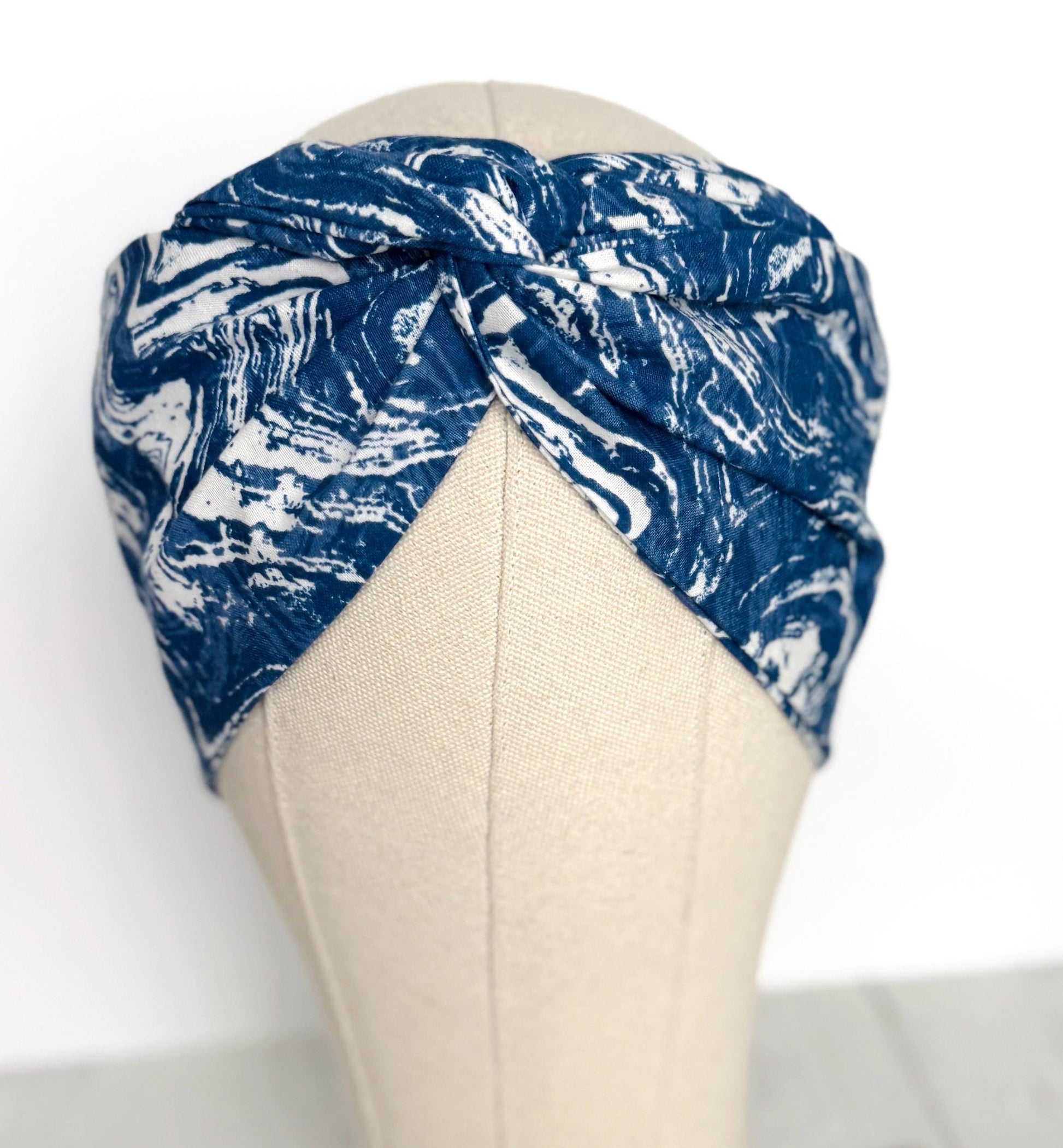Extra Wide Adjustable Wire Headband, Blue & White Marble Print Wired Headband For Women, Bendable Head Wrap, Turban Accessories, Head Scarf