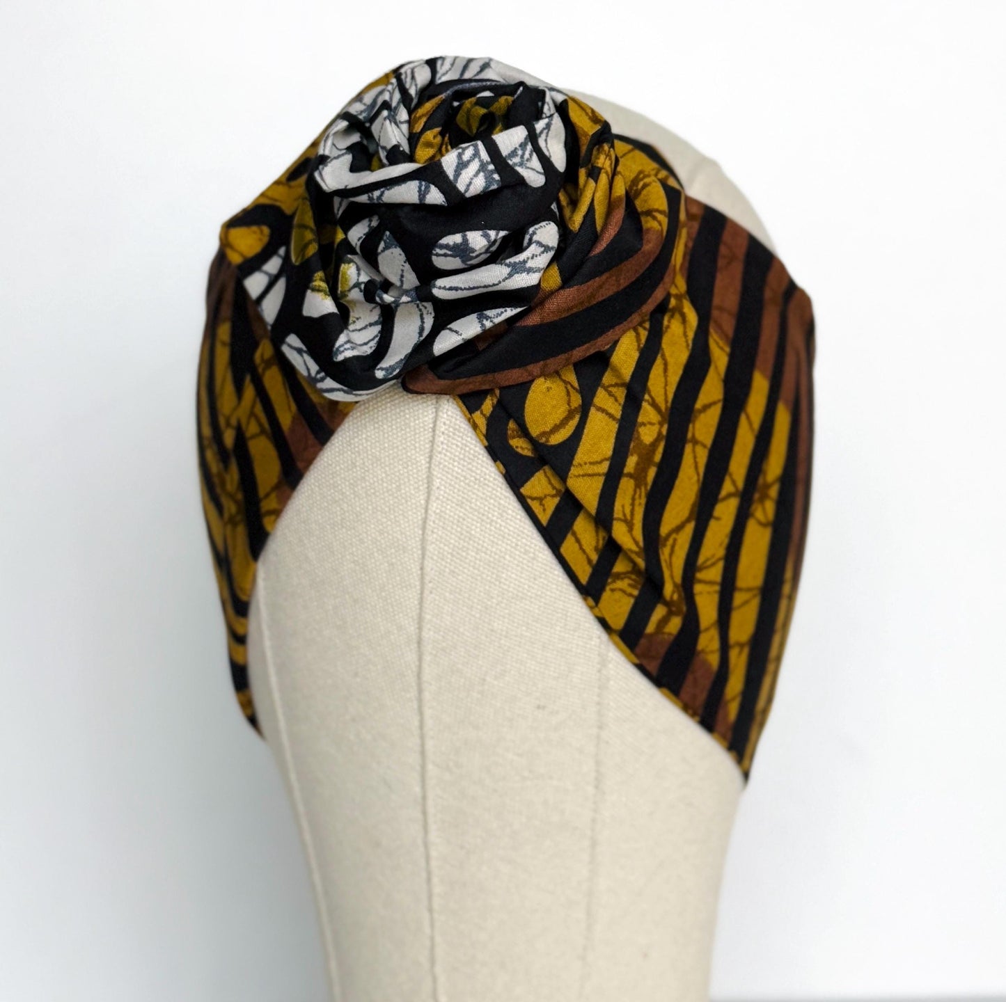 Extra Wide Adjustable Wire Wrap, Ankara Wired Headband, Brown White & Black African Fabric Head Wrap, Ankara Afro Boho Turban