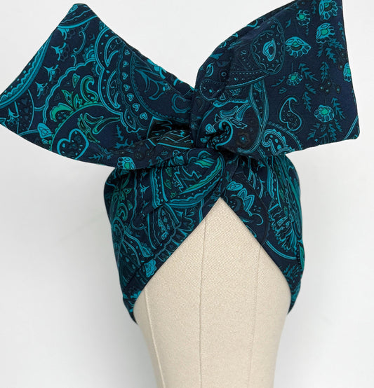 Extra Wide Adjustable Wire Wrap, Silky Wired Headband, Navy Blue Teal Paisley Print Fabric Head Wrap, No Slip Hair Accessories