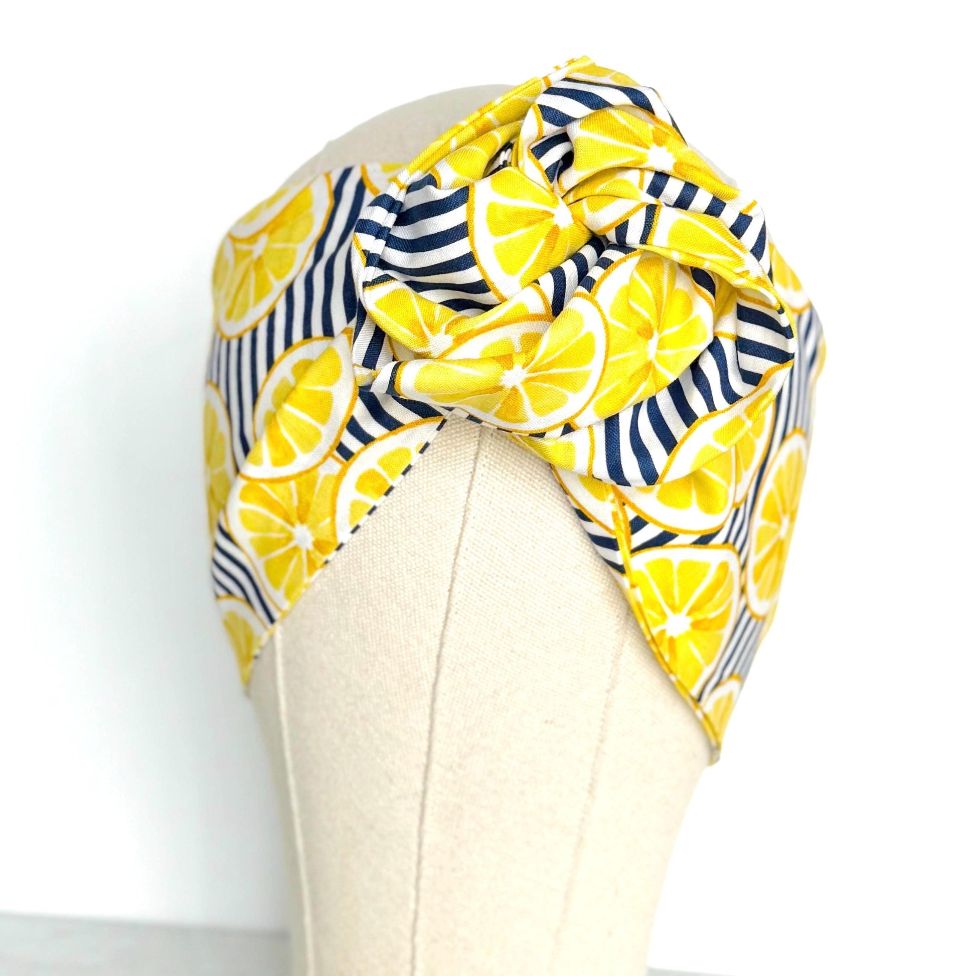 Extra Wide Adjustable Wire Headband, Navy Stripes & Lemon Fruit Print, Boho Wired Headband, Fabric Head Wrap, BendableTurban, Gift for Her