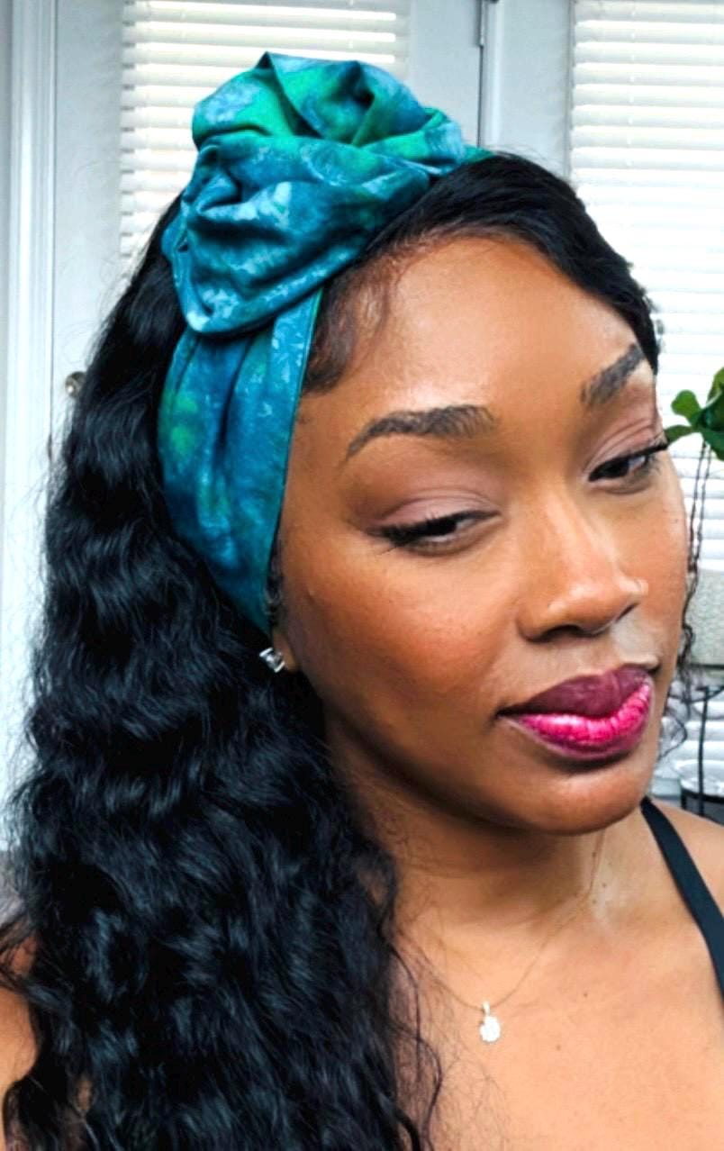 Extra Wide Adjustable Wire Headband, Hand dyed Tie Dye Teal Blue Green Wired Headband Turban, Fabric Head Wrap, Hair Scarf