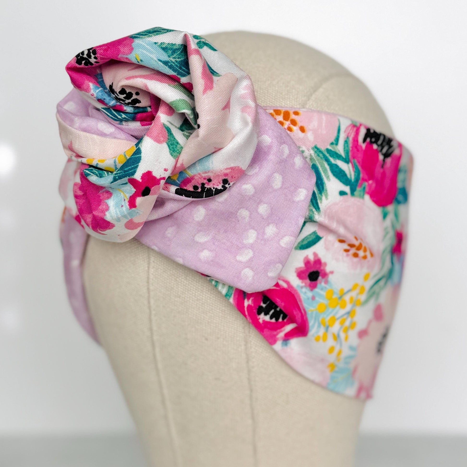 Extra Wide Reversible BENDABLE Wire Headband, Pink White Floral Print, Spring Summer Wired Head Wrap, Turban Accessories, Head Scarf Bandana