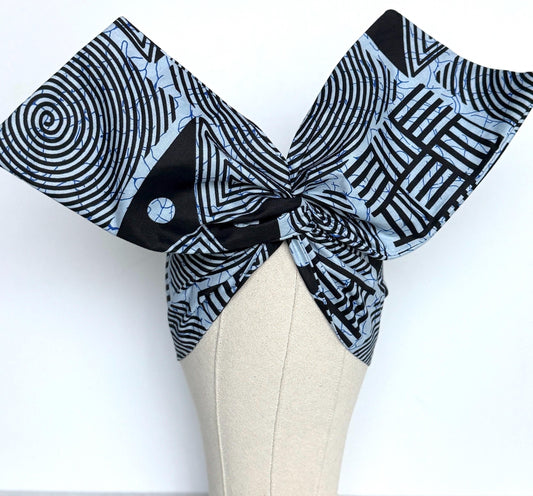 Extra Wide Adjustable Wire Wrap, Ankara Wired Headband, Blue & Black African Fabric Head Wrap, Ankara Afro Boho Accessories