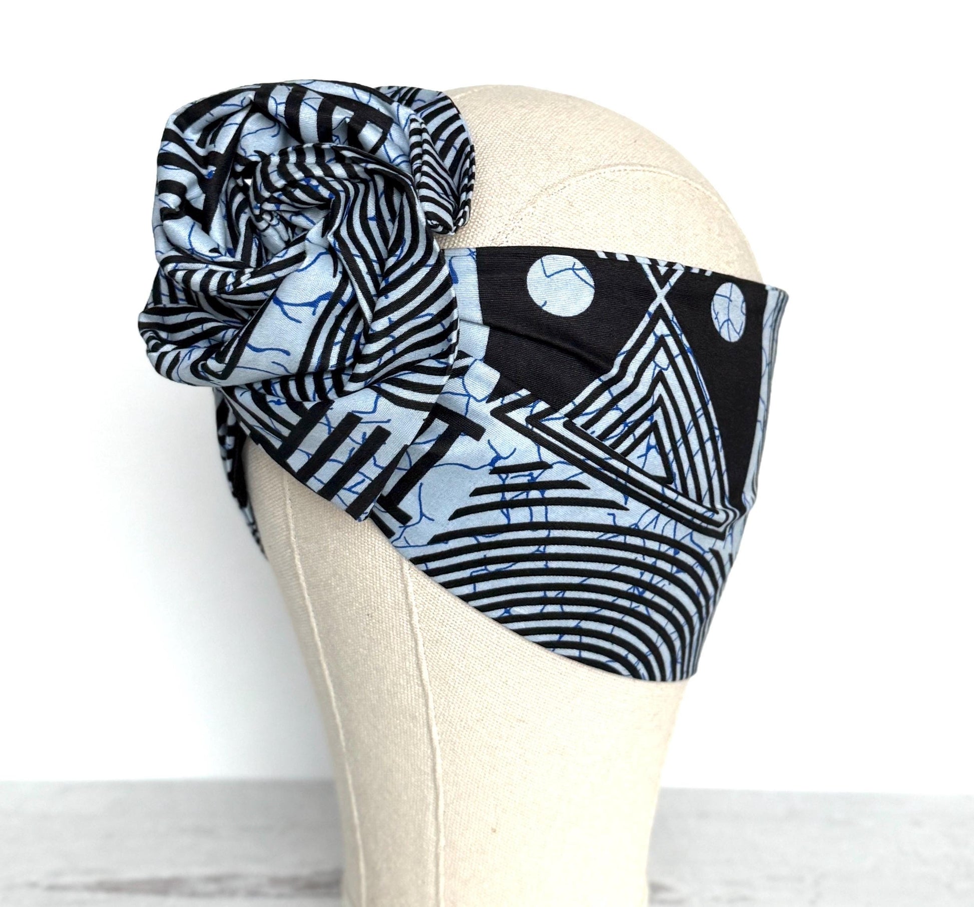 Extra Wide Adjustable Wire Wrap, Ankara Wired Headband, Blue & Black African Fabric Head Wrap, Ankara Afro Boho Accessories