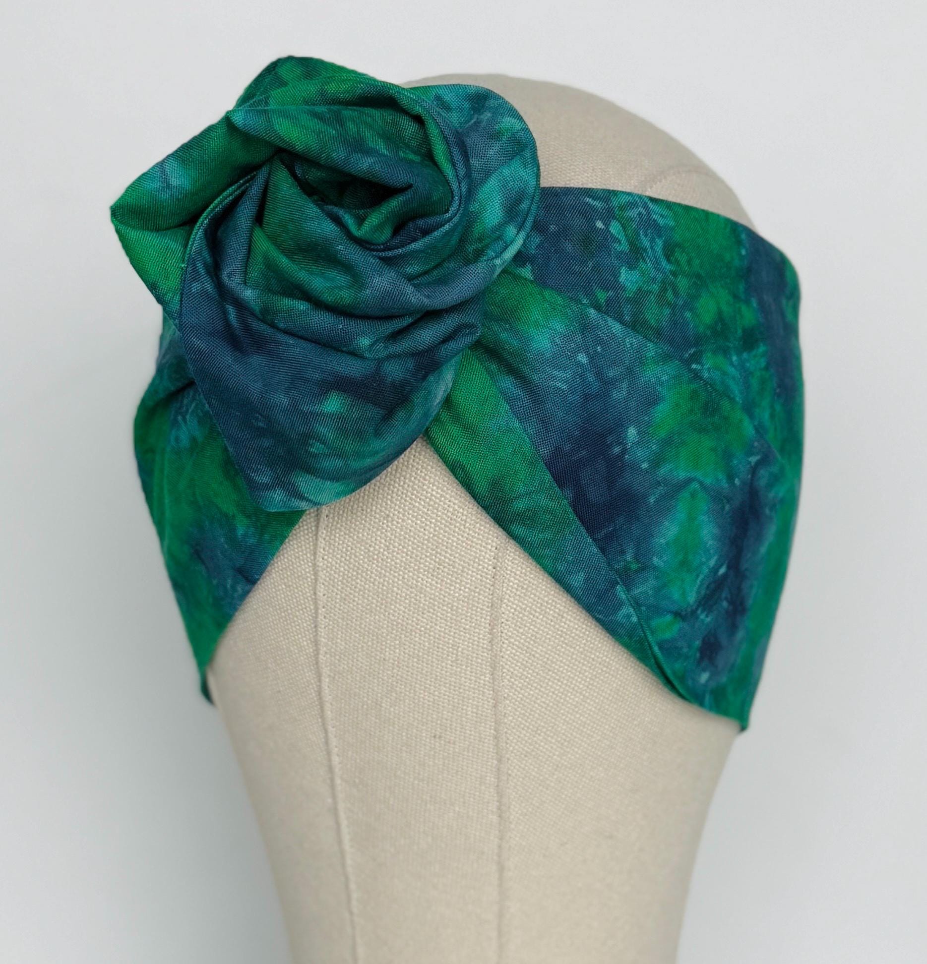 Extra Wide Adjustable Wire Headband, Hand dyed Tie Dye Teal Blue Green Wired Headband Turban, Fabric Head Wrap, Hair Scarf