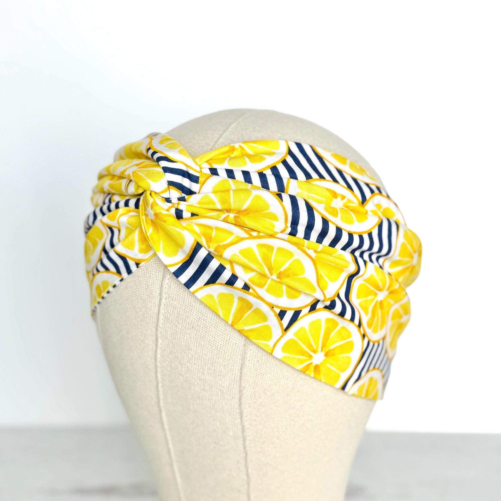 Extra Wide Adjustable Wire Headband, Navy Stripes & Lemon Fruit Print, Boho Wired Headband, Fabric Head Wrap, BendableTurban, Gift for Her