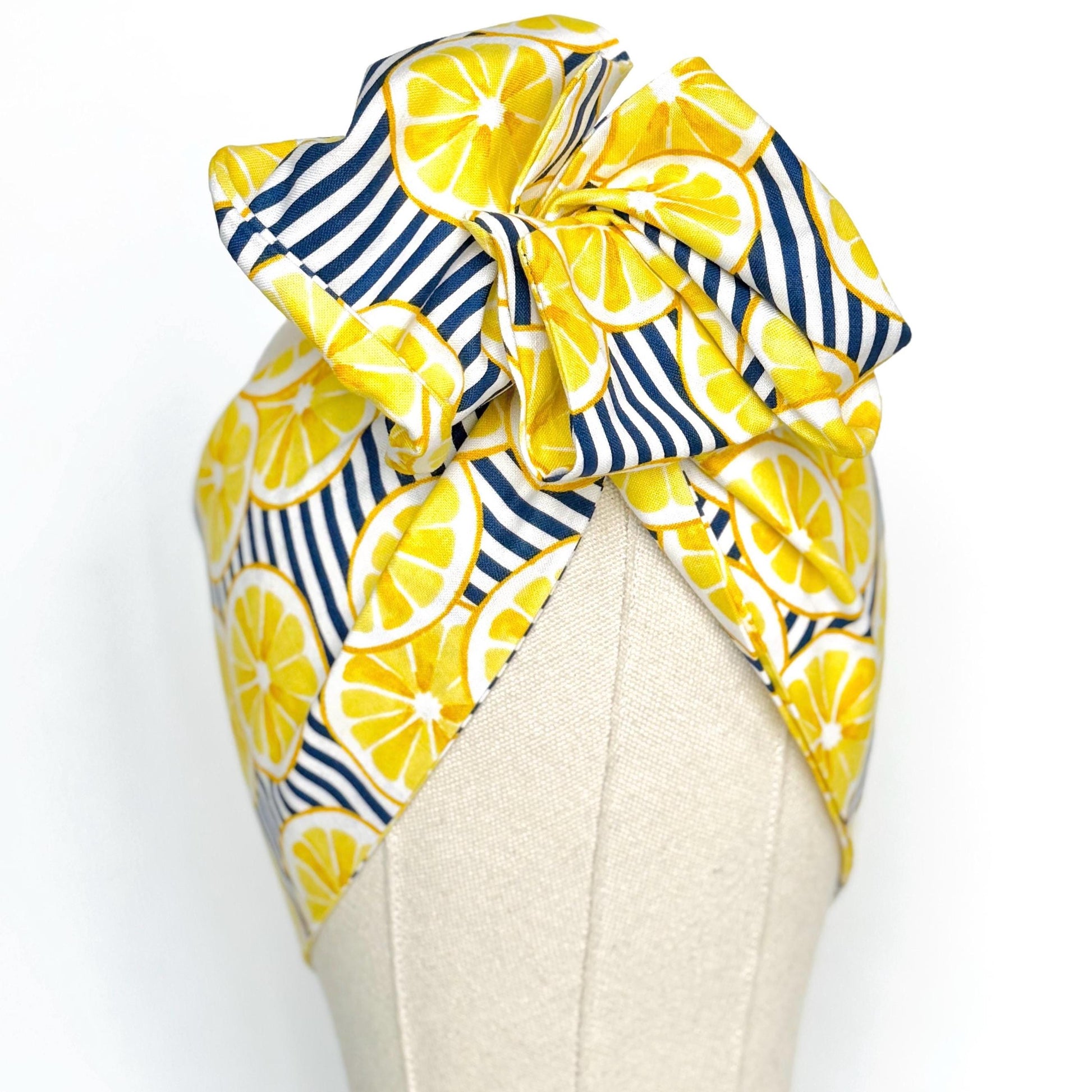 Extra Wide Adjustable Wire Headband, Navy Stripes & Lemon Fruit Print, Boho Wired Headband, Fabric Head Wrap, BendableTurban, Gift for Her