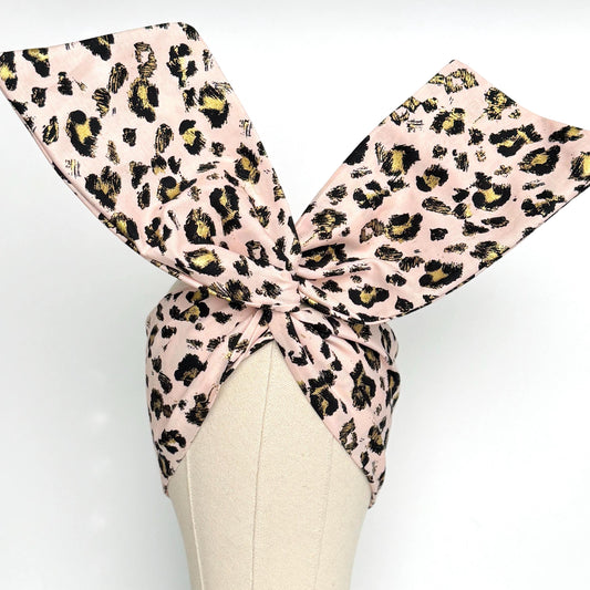 Extra Wide Adjustable Wire Headband, Pink & Gold Leopard Print, Boho Wired Headband, Fabric Head Wrap, Turban, Gift for Her, Bendable Scarf