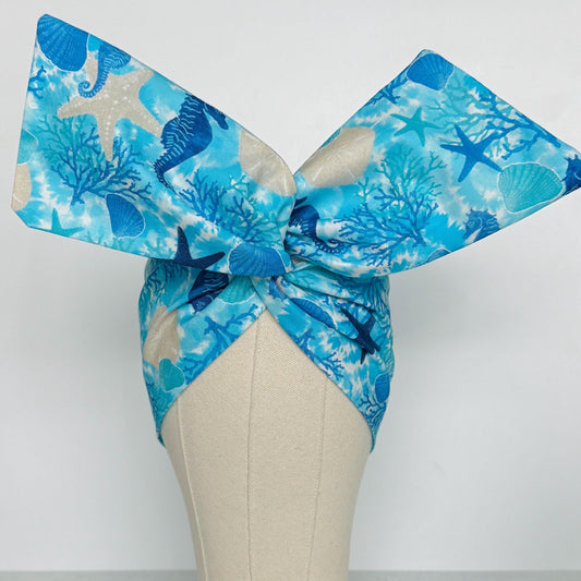 Extra Wide Adjustable Wire Headband, Blue Coral Sea Horse Island Print, Boho Wired Headband, Head Wrap, Summer Spring Bendable Turban