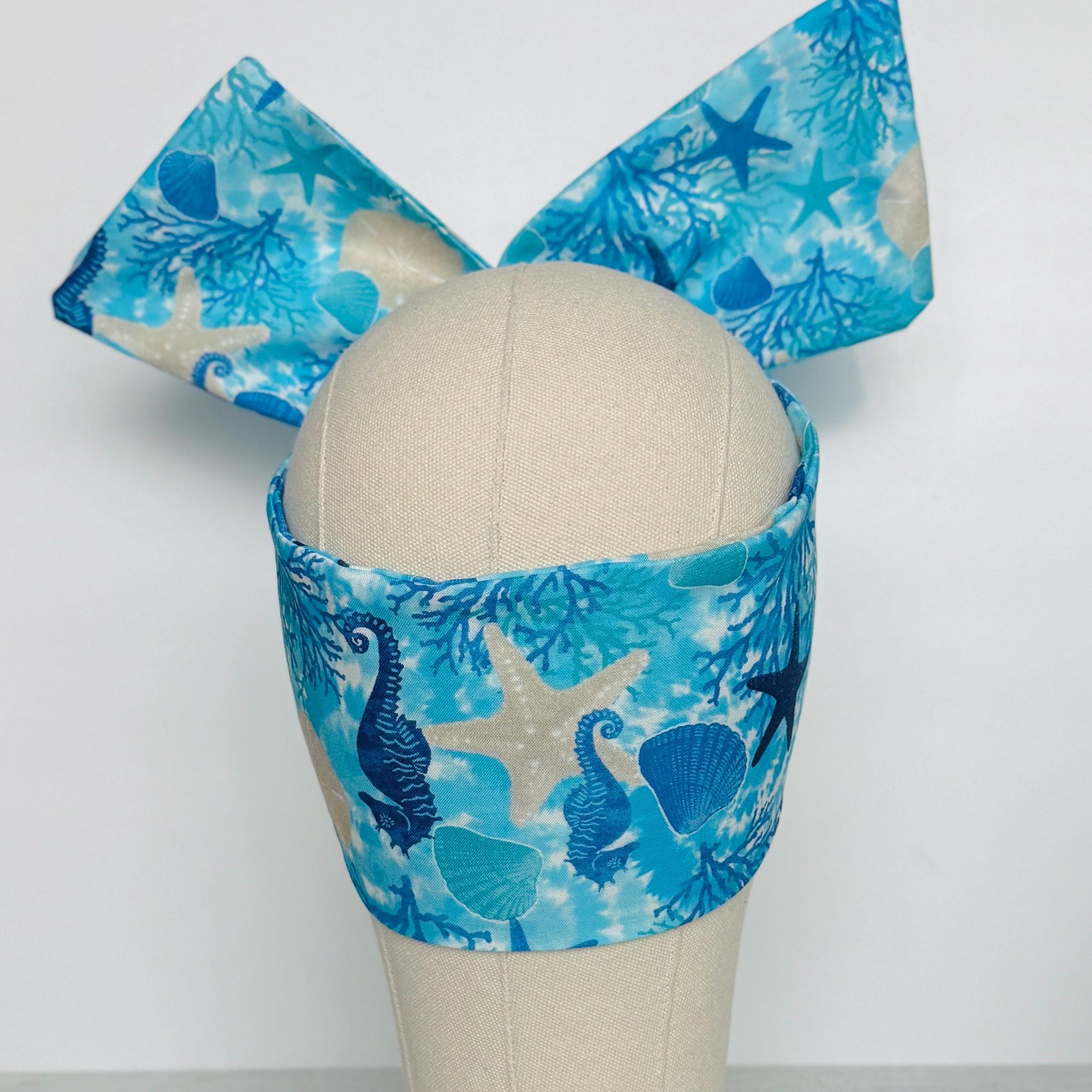 Extra Wide Adjustable Wire Headband, Blue Coral Sea Horse Island Print, Boho Wired Headband, Head Wrap, Summer Spring Bendable Turban