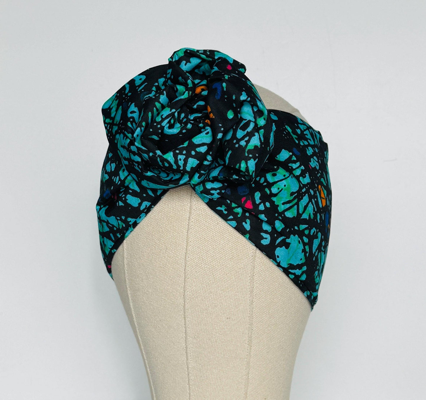 Extra Wide Adjustable Wire Wrap, Ankara Wired Headband, Teal Black Absrtract African Fabric Head Wrap, Ankara Afro Boho Accessories
