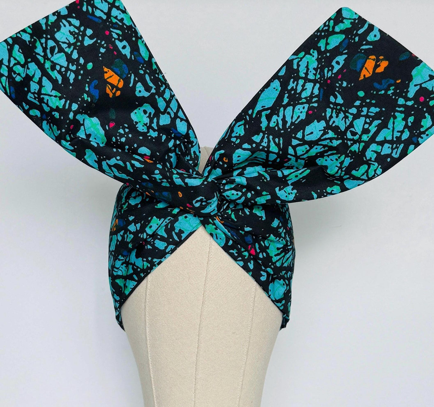 Extra Wide Adjustable Wire Wrap, Ankara Wired Headband, Teal Black Absrtract African Fabric Head Wrap, Ankara Afro Boho Accessories