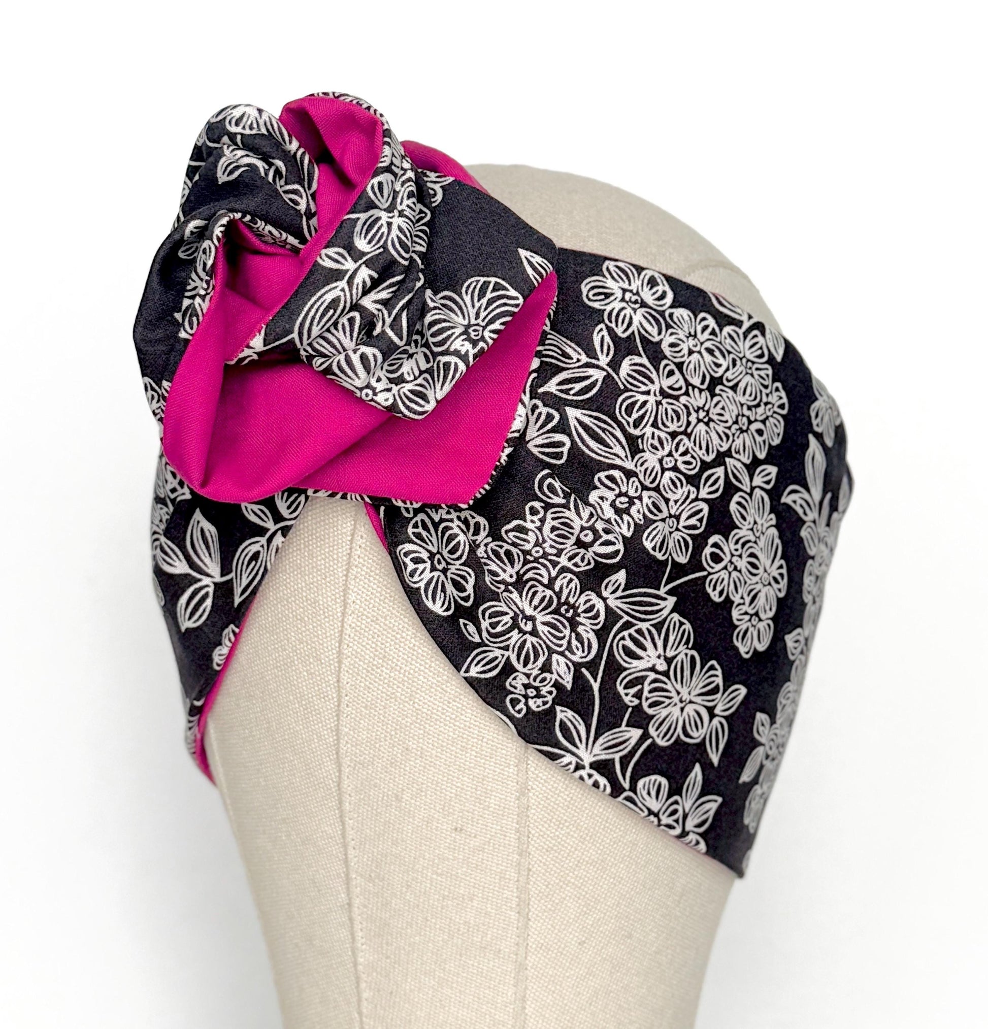 Extra Wide Reversible BENDABLE Wire Headband, Black White Pink Floral Print, Spring Summer Wired Head Wrap, Turban Accessories, Head Scarf