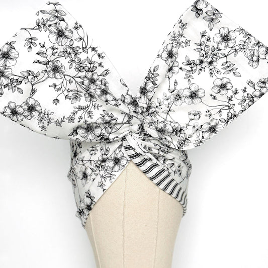 Extra Wide Adjustable Wire Headband, Reversible White & Black Floral Wired Head Wrap, Turban, Fashion Hair Accessories for Women
