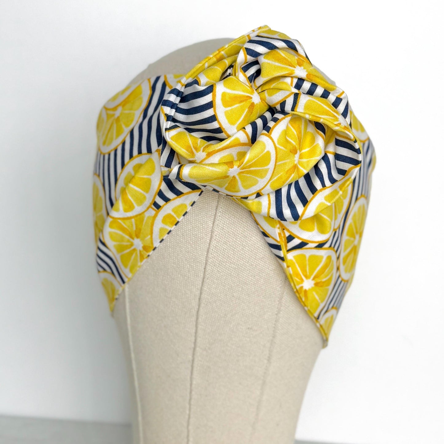 Extra Wide Adjustable Wire Headband, Navy Blue Striped Lemon Print, Boho Wired Headband, Fabric Head Wrap, BendableTurban, Gift for Her