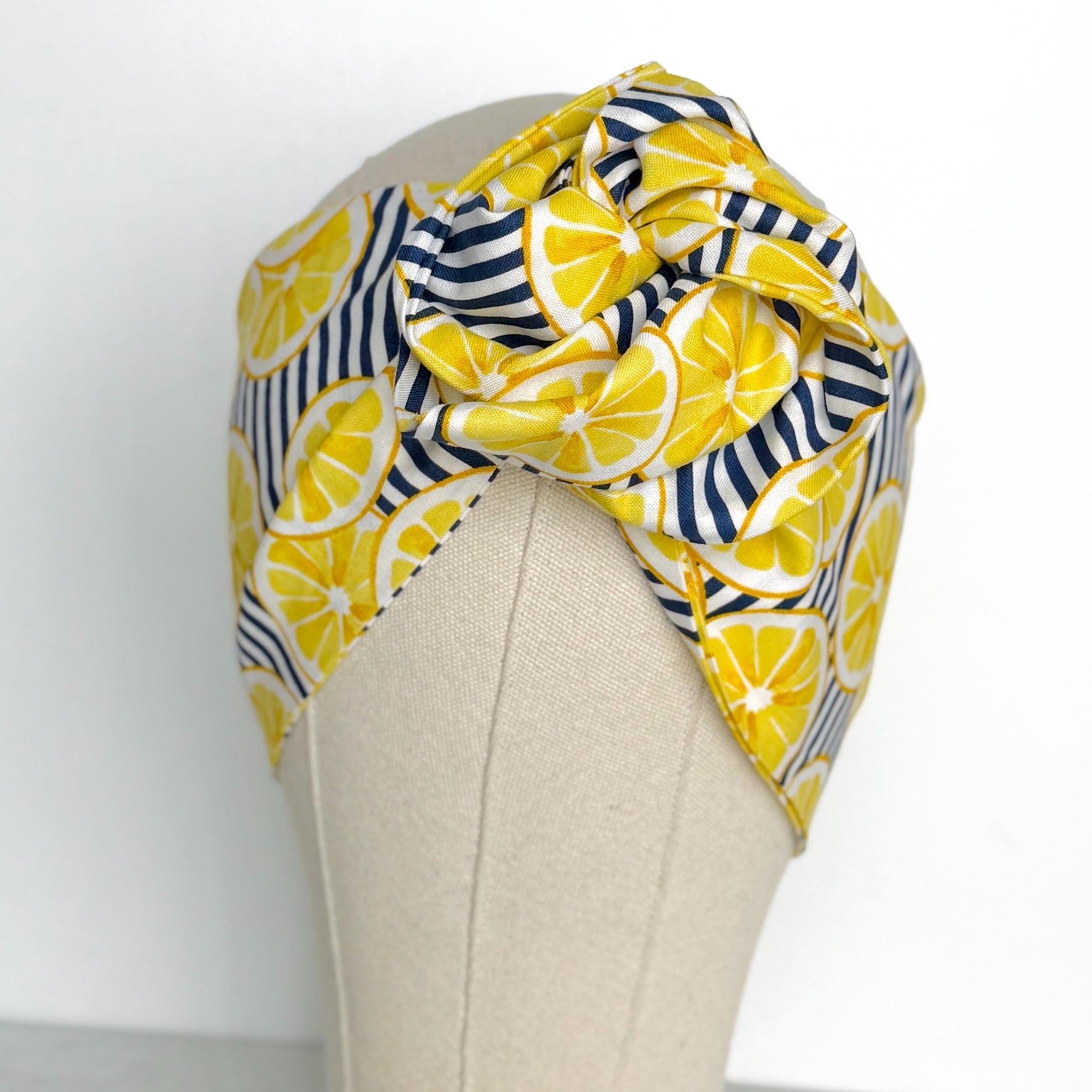 Extra Wide Adjustable Wire Headband, Navy Blue Striped Lemon Print, Boho Wired Headband, Fabric Head Wrap, BendableTurban, Gift for Her