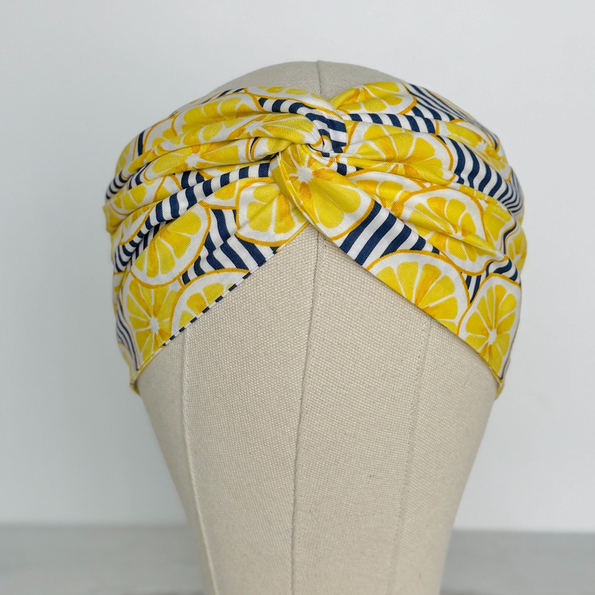 Extra Wide Adjustable Wire Headband, Navy Blue Striped Lemon Print, Boho Wired Headband, Fabric Head Wrap, BendableTurban, Gift for Her