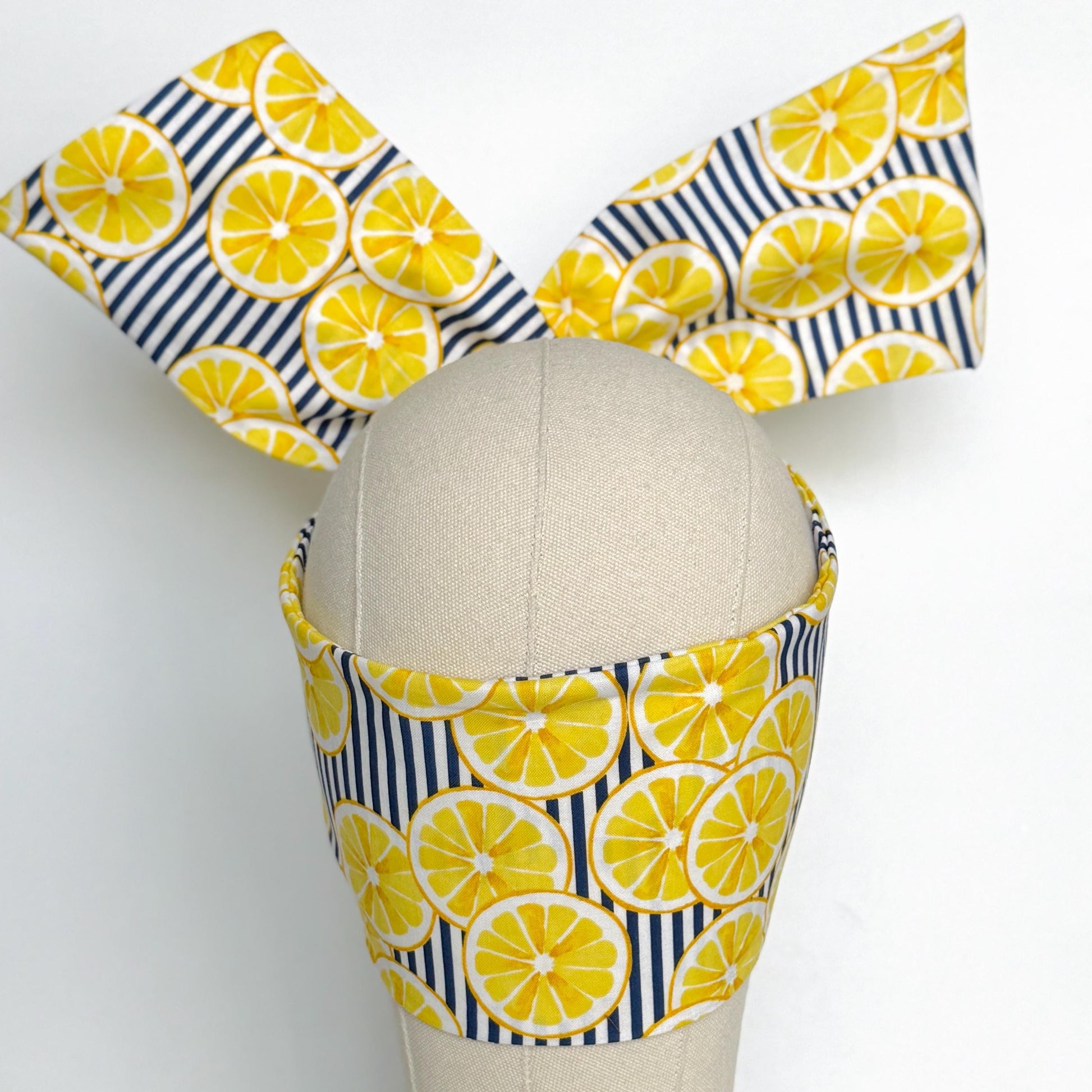 Extra Wide Adjustable Wire Headband, Navy Blue Striped Lemon Print, Boho Wired Headband, Fabric Head Wrap, BendableTurban, Gift for Her