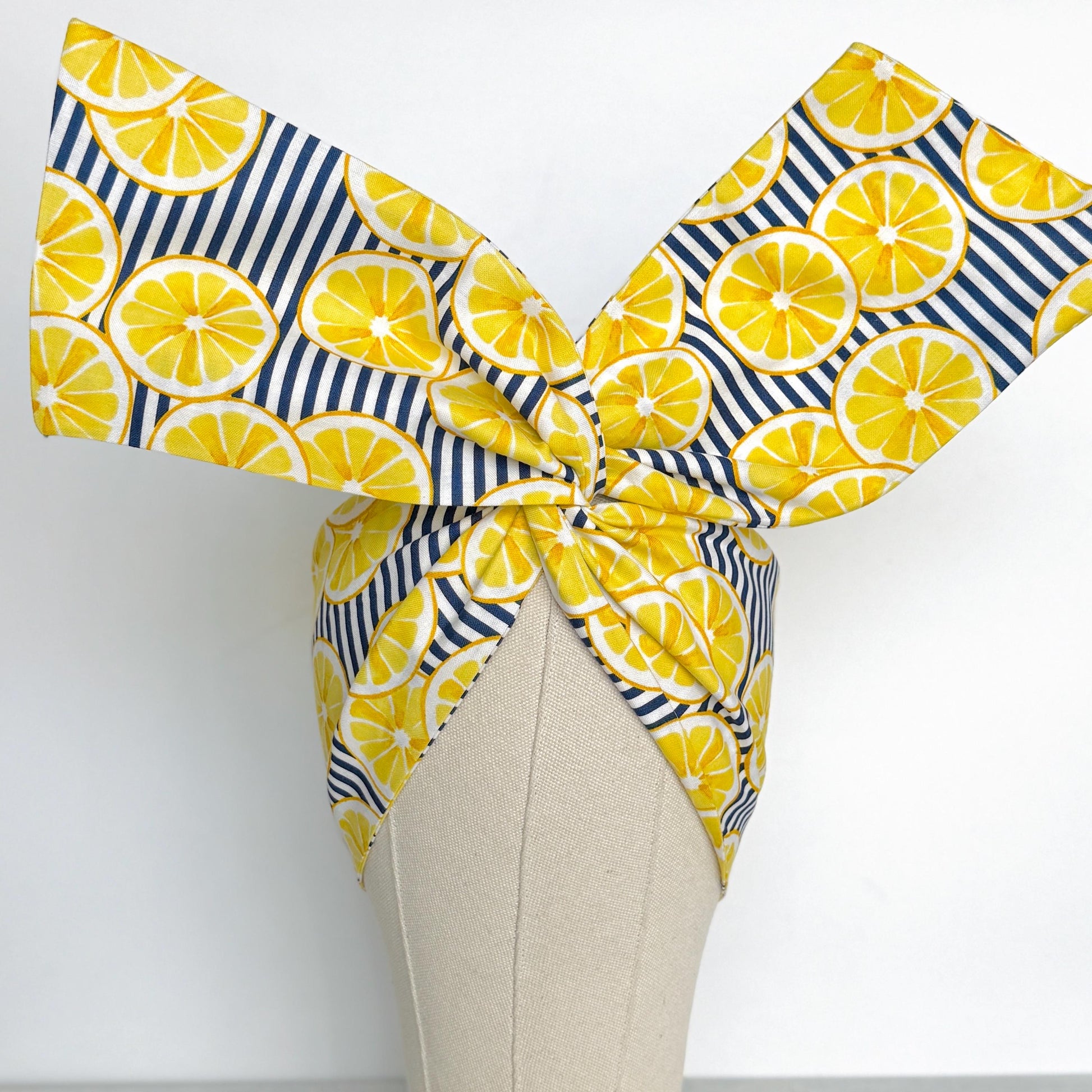 Extra Wide Adjustable Wire Headband, Navy Blue Striped Lemon Print, Boho Wired Headband, Fabric Head Wrap, BendableTurban, Gift for Her