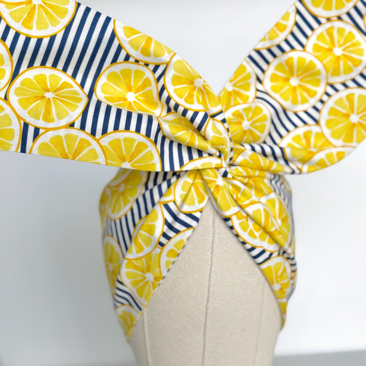 Extra Wide Adjustable Wire Headband, Navy Blue Striped Lemon Print, Boho Wired Headband, Fabric Head Wrap, BendableTurban, Gift for Her
