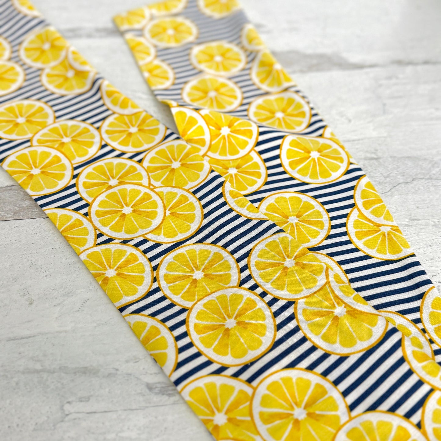 Extra Wide Adjustable Wire Headband, Navy Blue Striped Lemon Print, Boho Wired Headband, Fabric Head Wrap, BendableTurban, Gift for Her