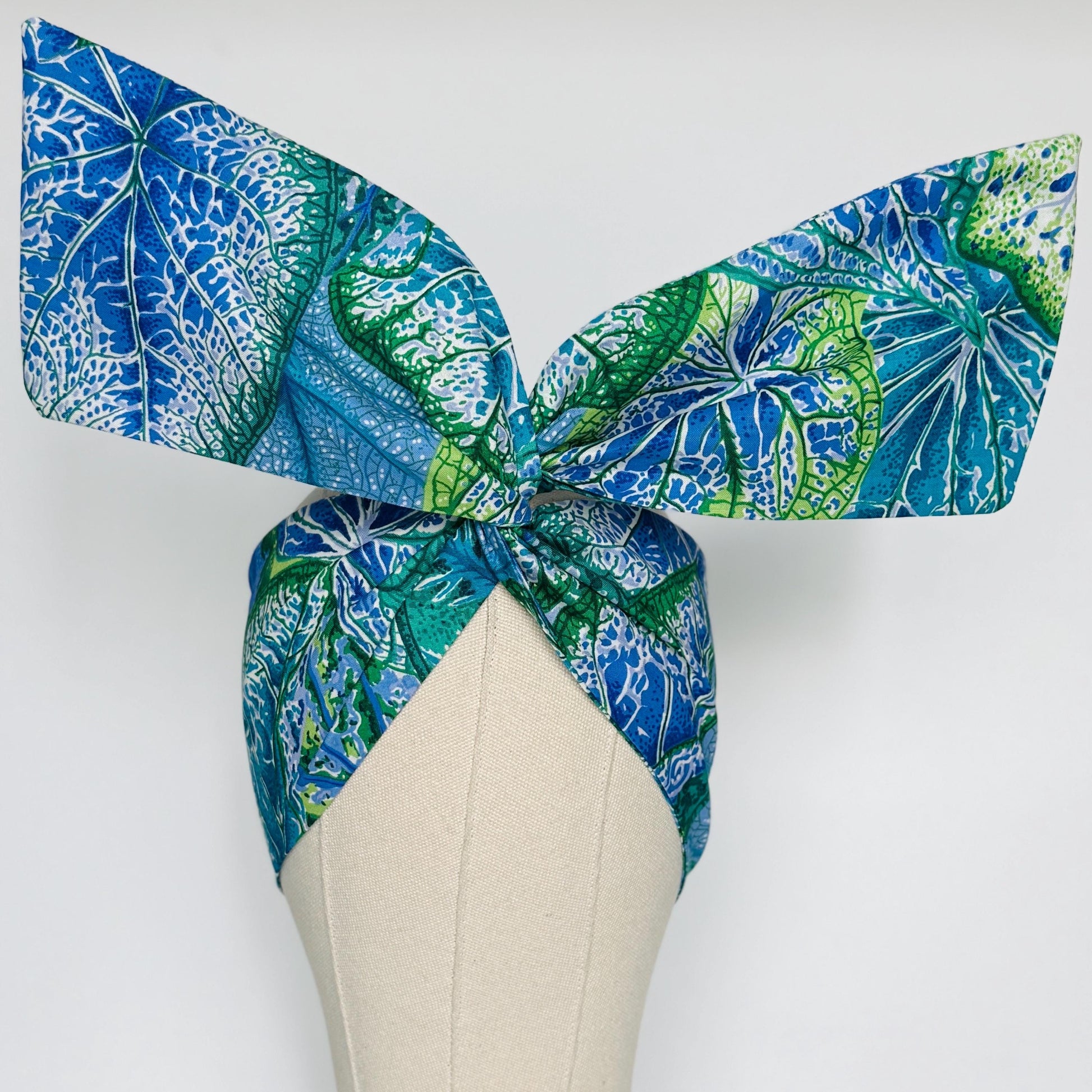 Extra Wide Adjustable Wire Wrap, Blue Teal Green Kaffe Fassett Tropical Leaf Print Wired Headband, Fabric Head Wrap, Summer Boho Accessories