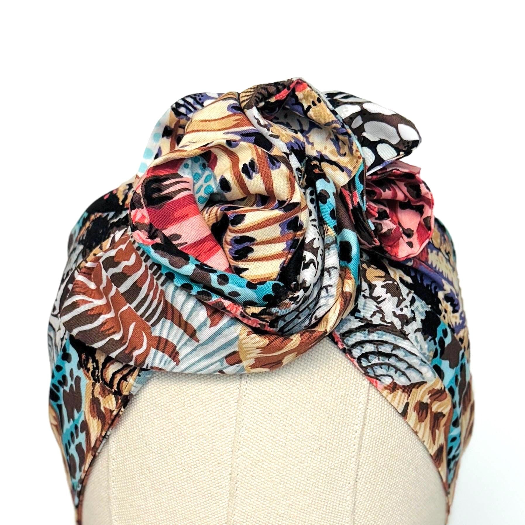 Extra Wide Adjustable Wire Wrap, Boho Multicolored Abstract Seashell Print Wired Headband, Fabric Head Wrap, Summer Boho Accessories