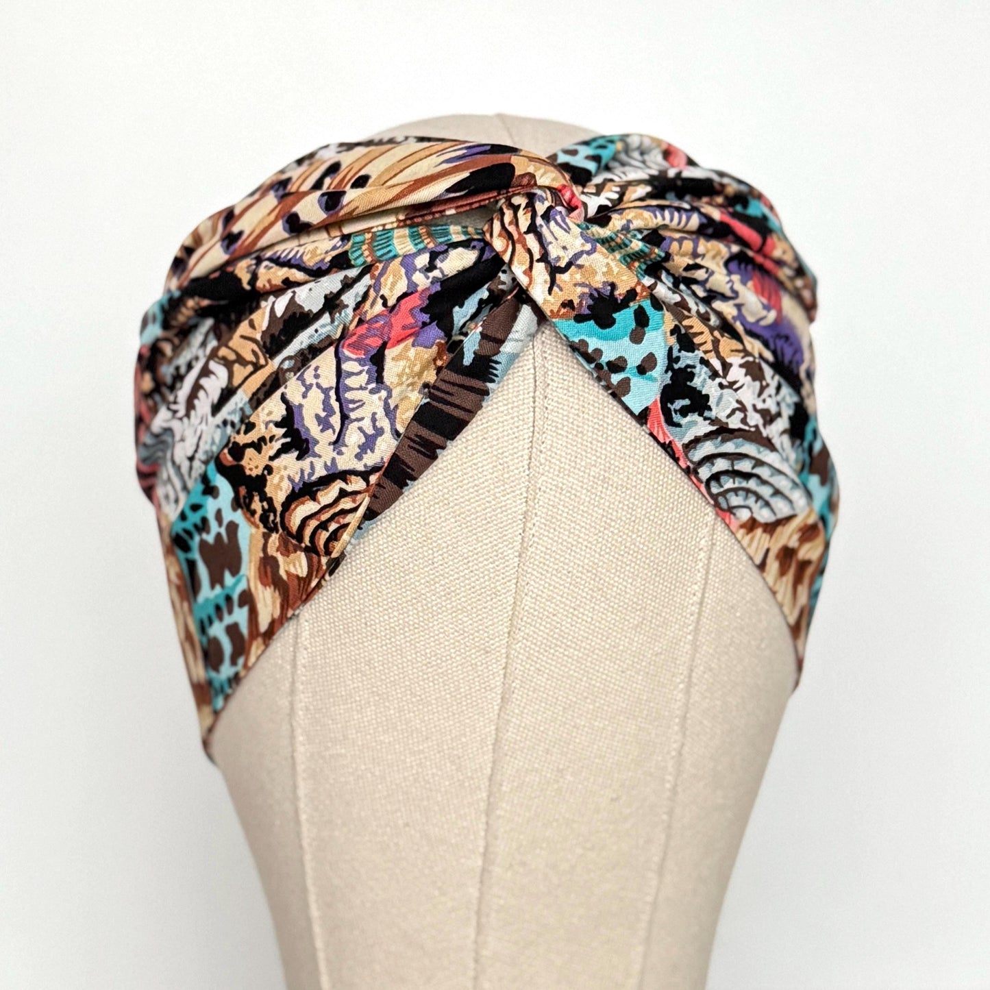 Extra Wide Adjustable Wire Wrap, Boho Multicolored Abstract Seashell Print Wired Headband, Fabric Head Wrap, Summer Boho Accessories