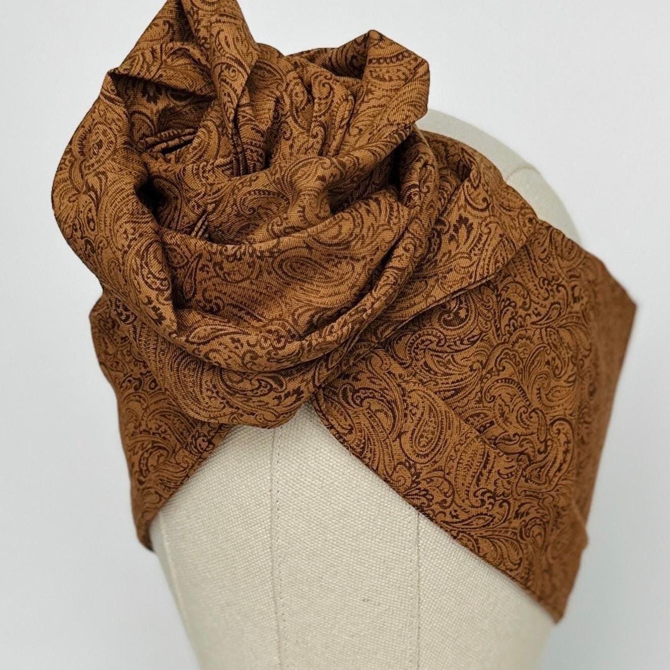 Extra Long Wide Bendable Wire Wrap, Brown Paisley Print, Cotton Fabric Fall Headband, Turban Head Scarf, Bandana Accessories For Women