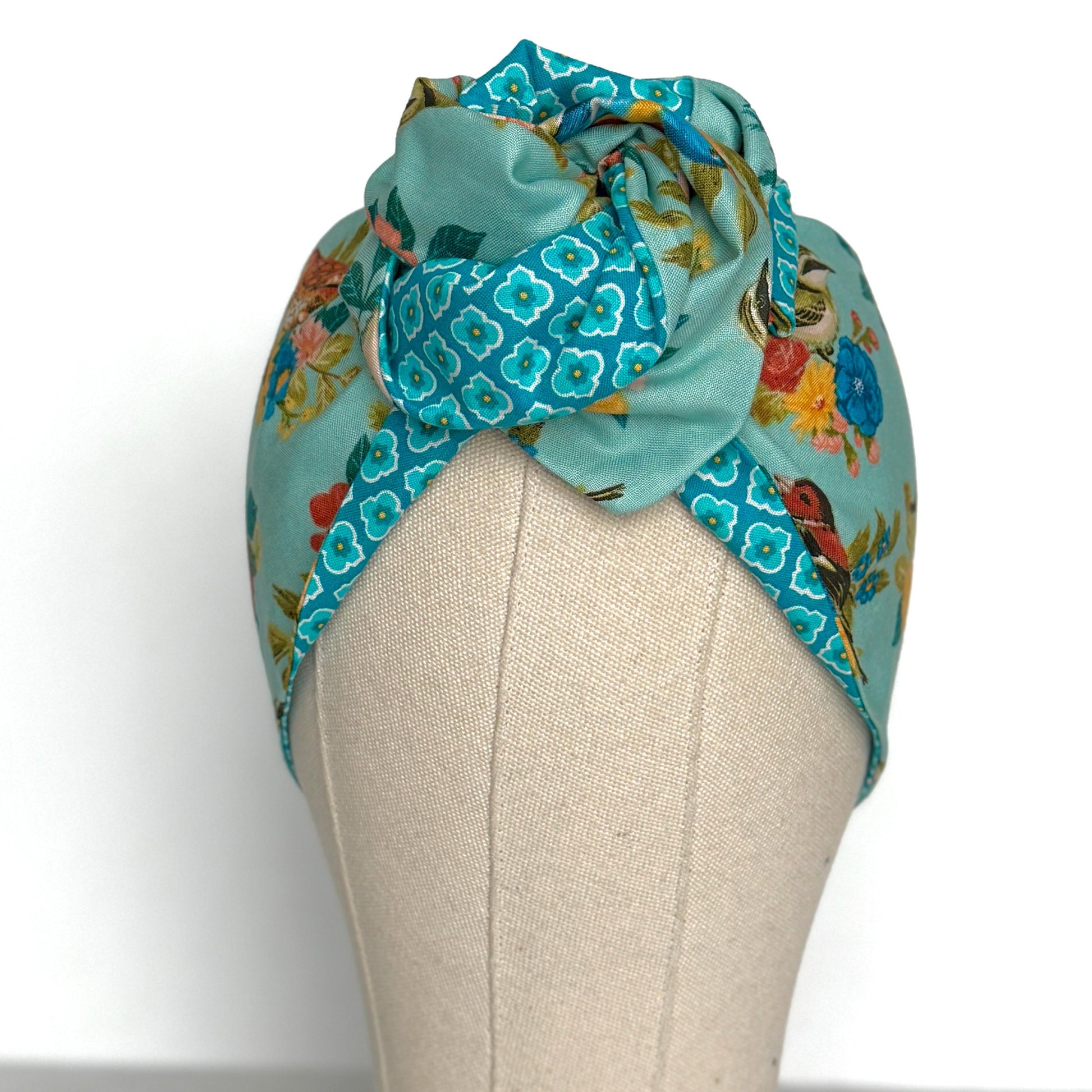 Extra Wide Reversible BENDABLE Wire Headband, Teal Blue Floral Bird Print, Summer Wired Head Wrap, Turban Accessories, Head Scarf Bandana