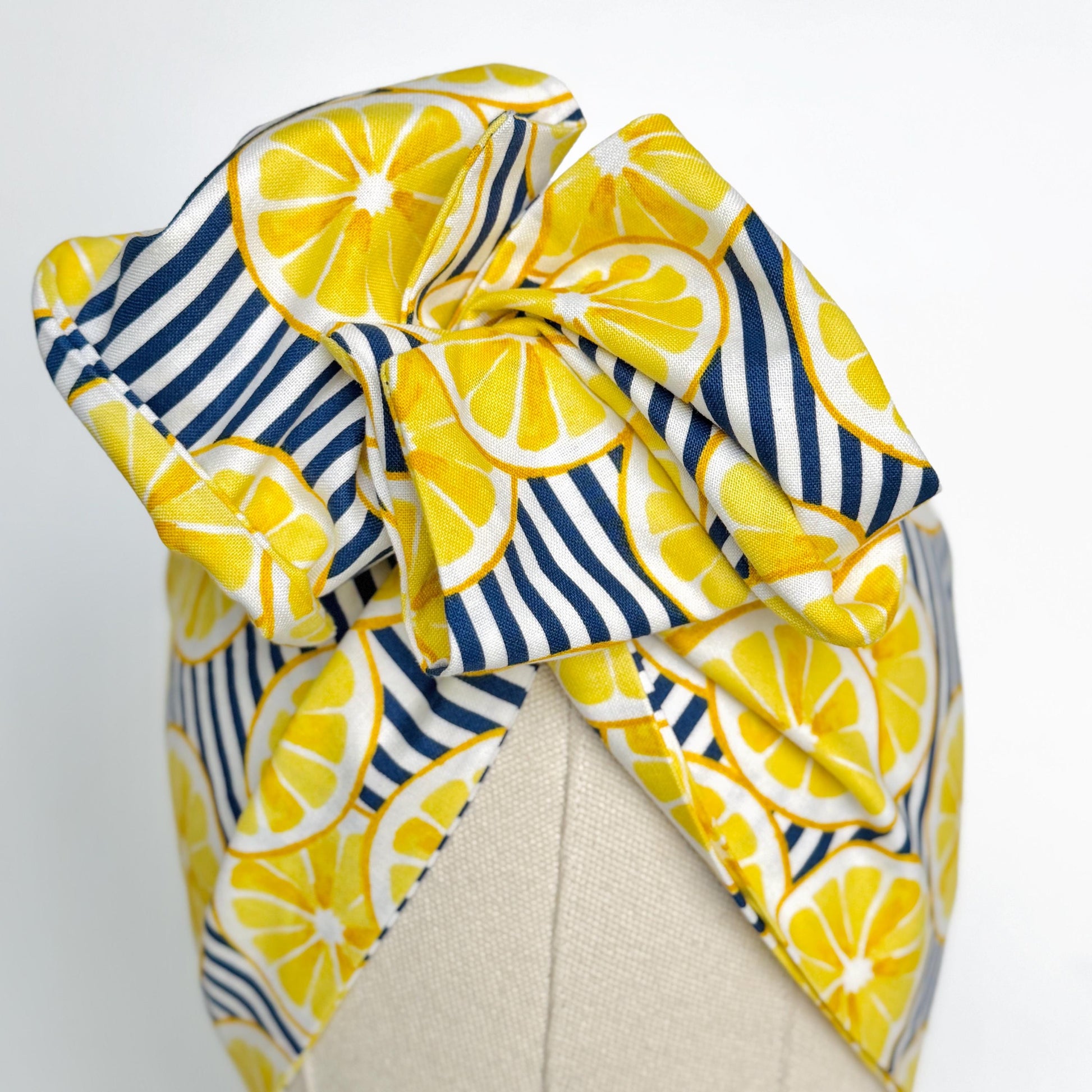 Extra Wide Adjustable Wire Headband, Navy Blue Striped Lemon Print, Boho Wired Headband, Fabric Head Wrap, BendableTurban, Gift for Her