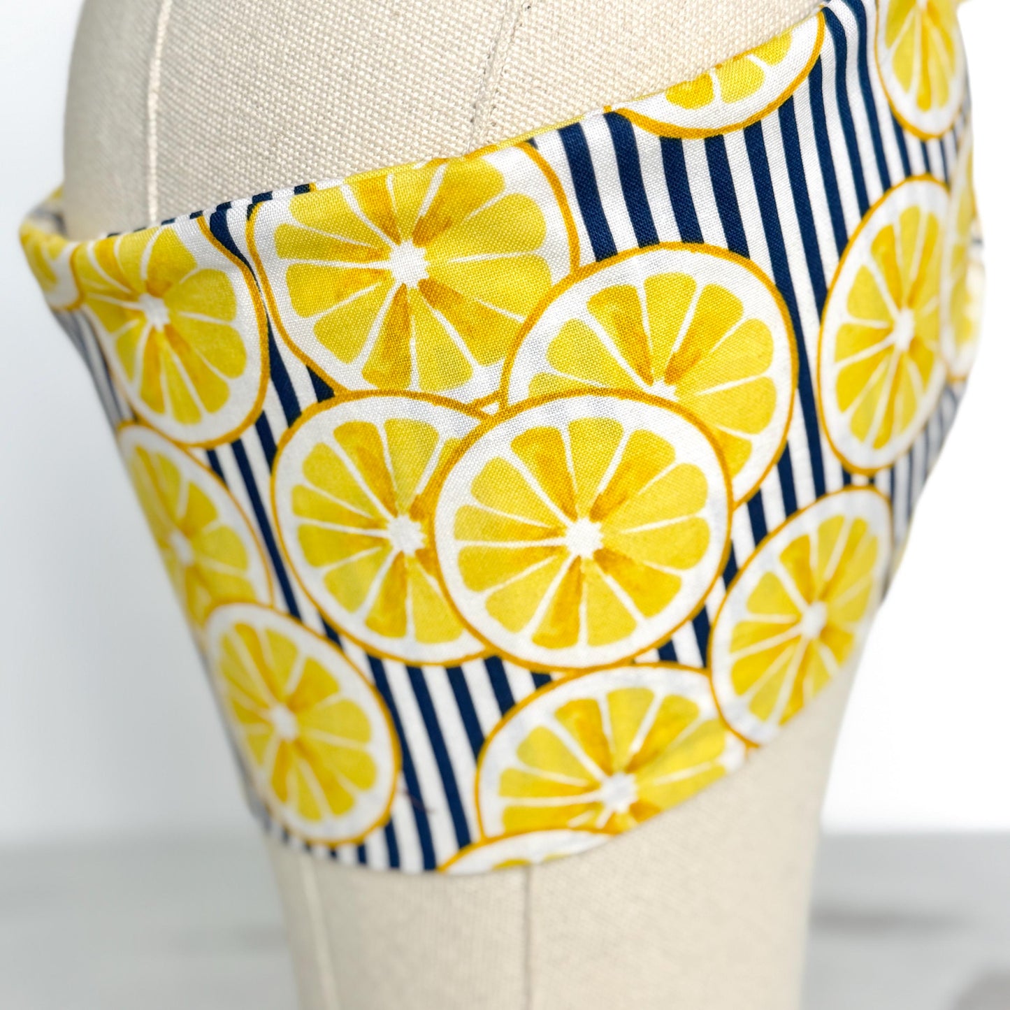 Extra Wide Adjustable Wire Headband, Navy Blue Striped Lemon Print, Boho Wired Headband, Fabric Head Wrap, BendableTurban, Gift for Her