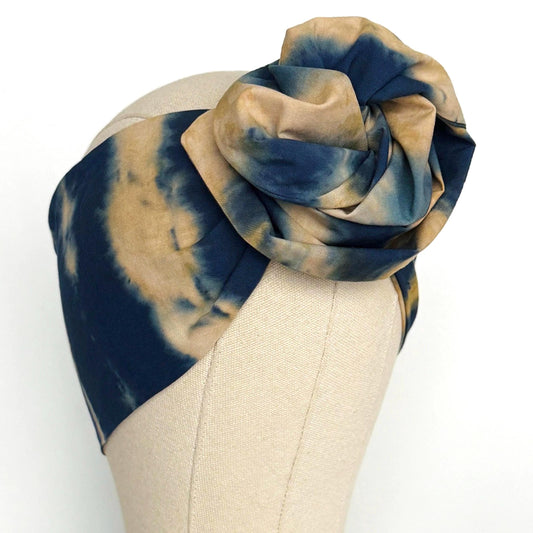 Hand Dyed Long Wide ADJUSTABLE Wire Headband, Blue Tan Tie Dyed Spring Summer Wired Head Wrap, Hair Accessories Women, No Slip Bandana