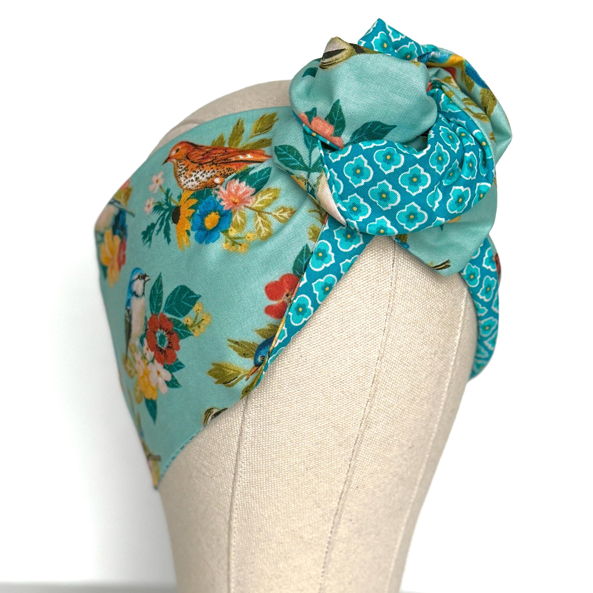 Extra Wide Reversible BENDABLE Wire Headband, Teal Blue Floral Bird Print, Summer Wired Head Wrap, Turban Accessories, Head Scarf Bandana