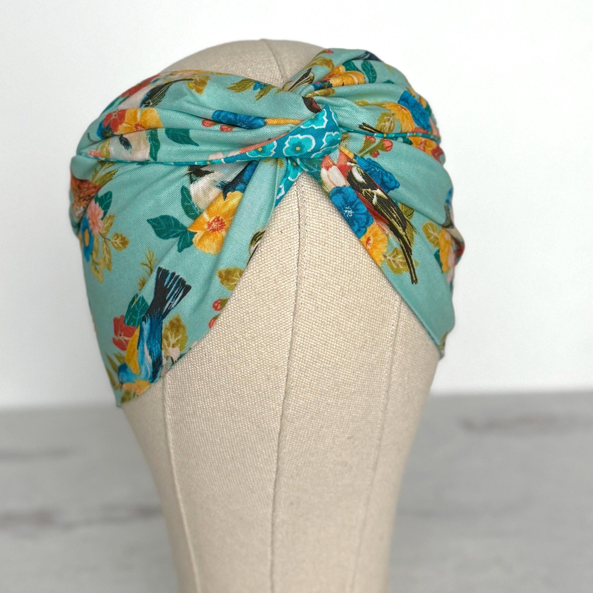 Extra Wide Reversible BENDABLE Wire Headband, Teal Blue Floral Bird Print, Summer Wired Head Wrap, Turban Accessories, Head Scarf Bandana