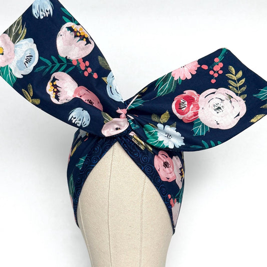 Extra Wide Reversible BENDABLE Wire Headband, Navy Blue Floral Print, Summer Wired Head Wrap, Turban Accessories, Head Scarf Bandana