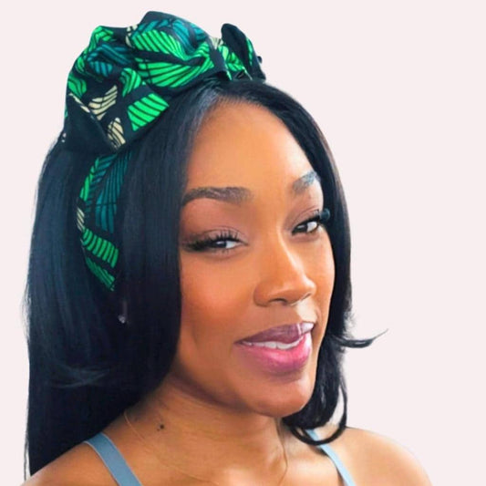 Extra Long Wide Adjustable Wire Wrap, Ankara Wired Headband, Green & Black African Fabric Head Wrap, Ankara Afro Boho Accessories